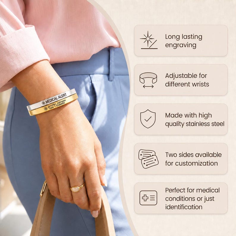 Personalized Type 1 Diabetes Medical Alert women Bracelet, Personalized Emergency Medic Conditions ID Jewelry