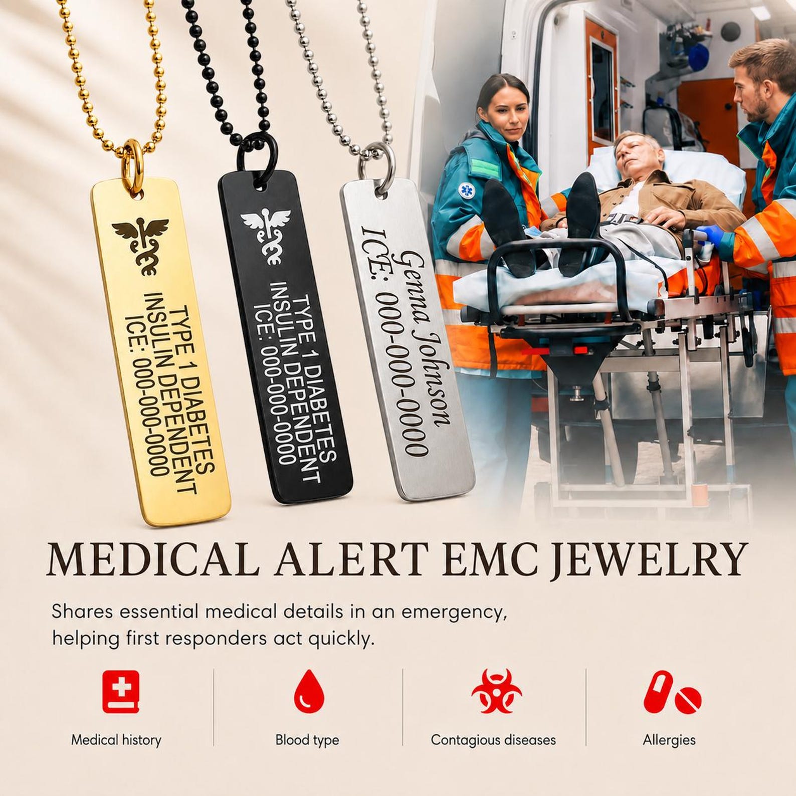 Personalized Type 1 Diabetes Medical ID Bar Necklace, Stainless Steel Engraved Alert Jewelry