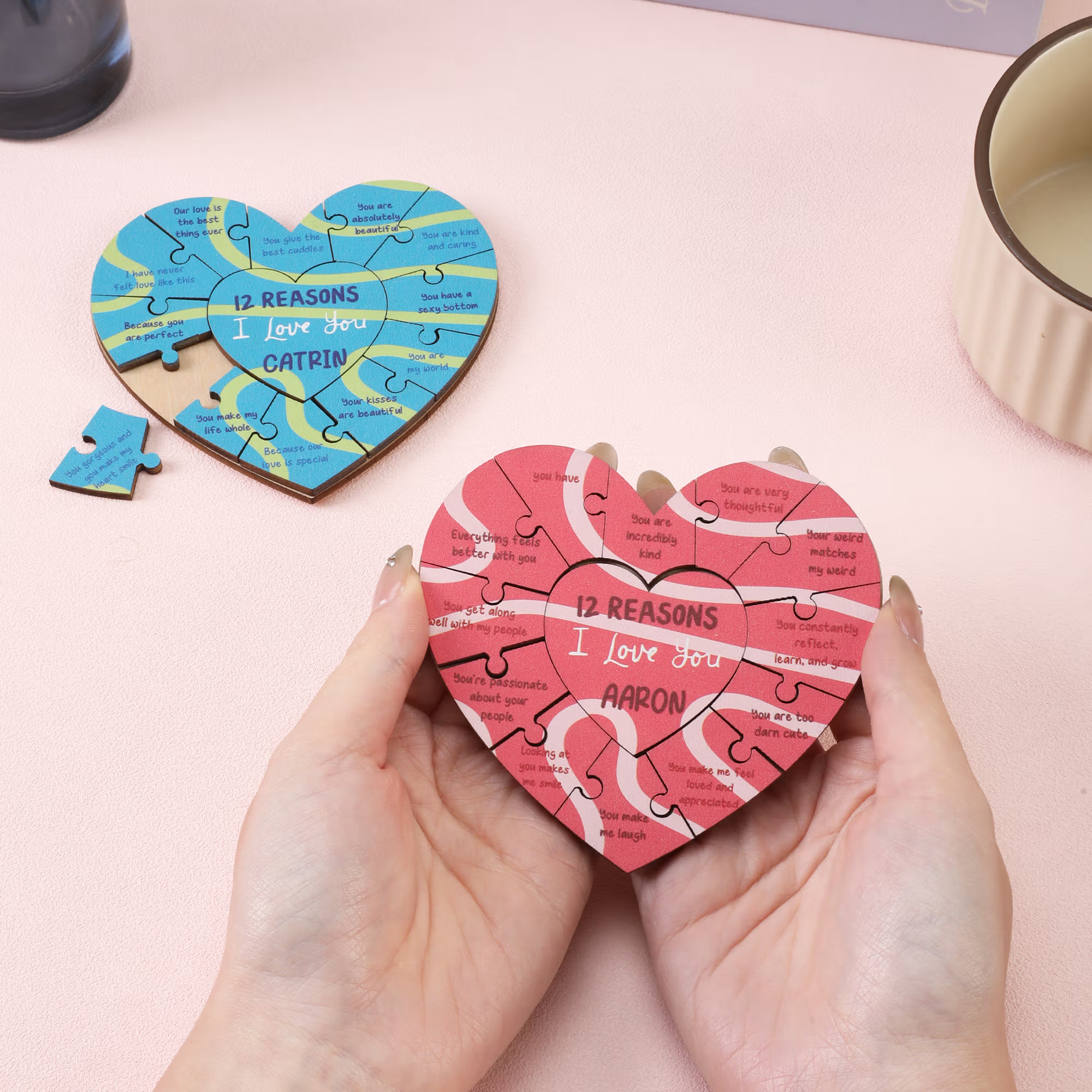Personalized 12 Reasons I Love You Heart Wooden Puzzles with Name Anniversary Wedding Gift for Couple Husband Wife