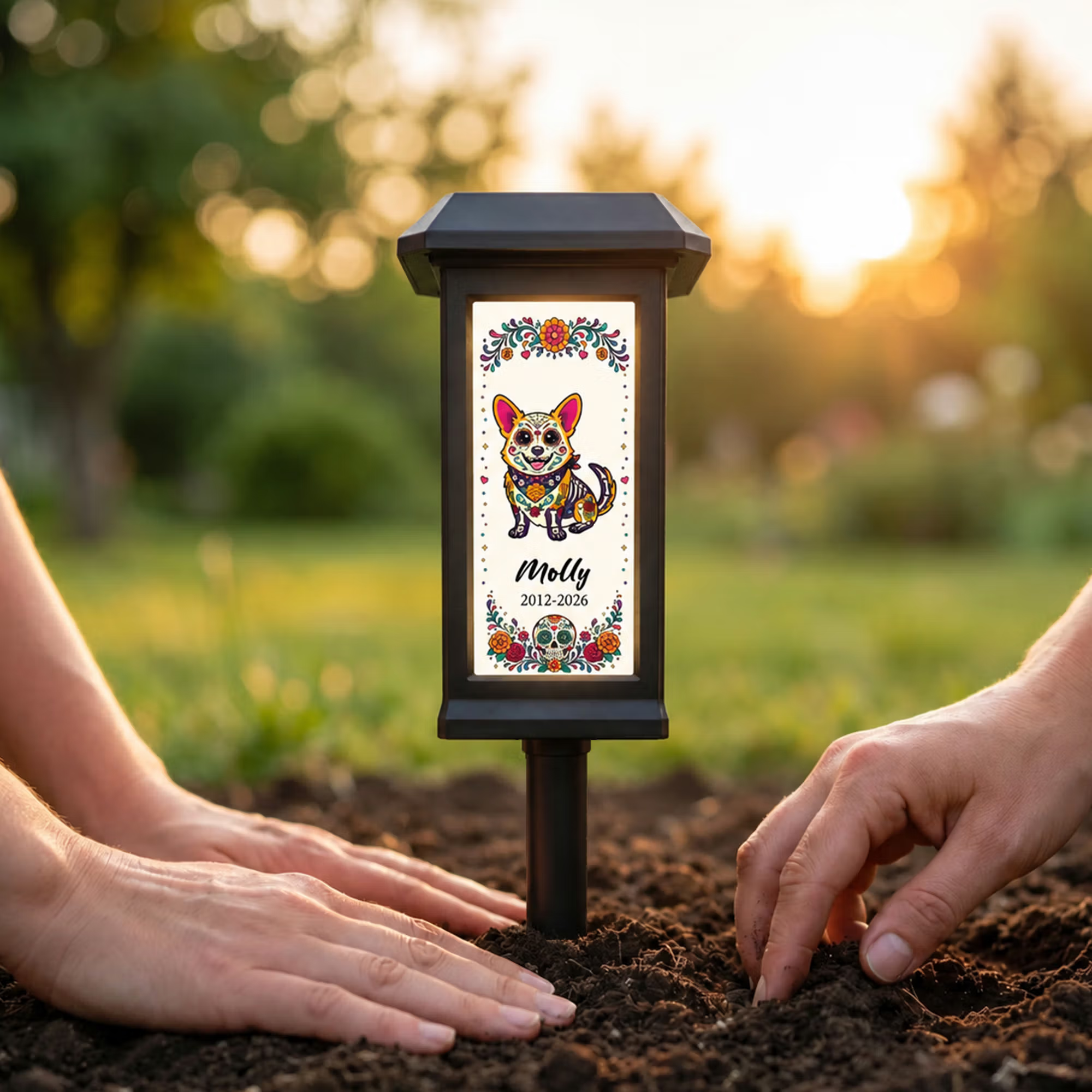 Personalized Day of the Dead Flower Sugar Skull Pet Photo Solar Garden Light with Name Garden Use Memorial Day of the Dead Gift for Pet Owners Lovers