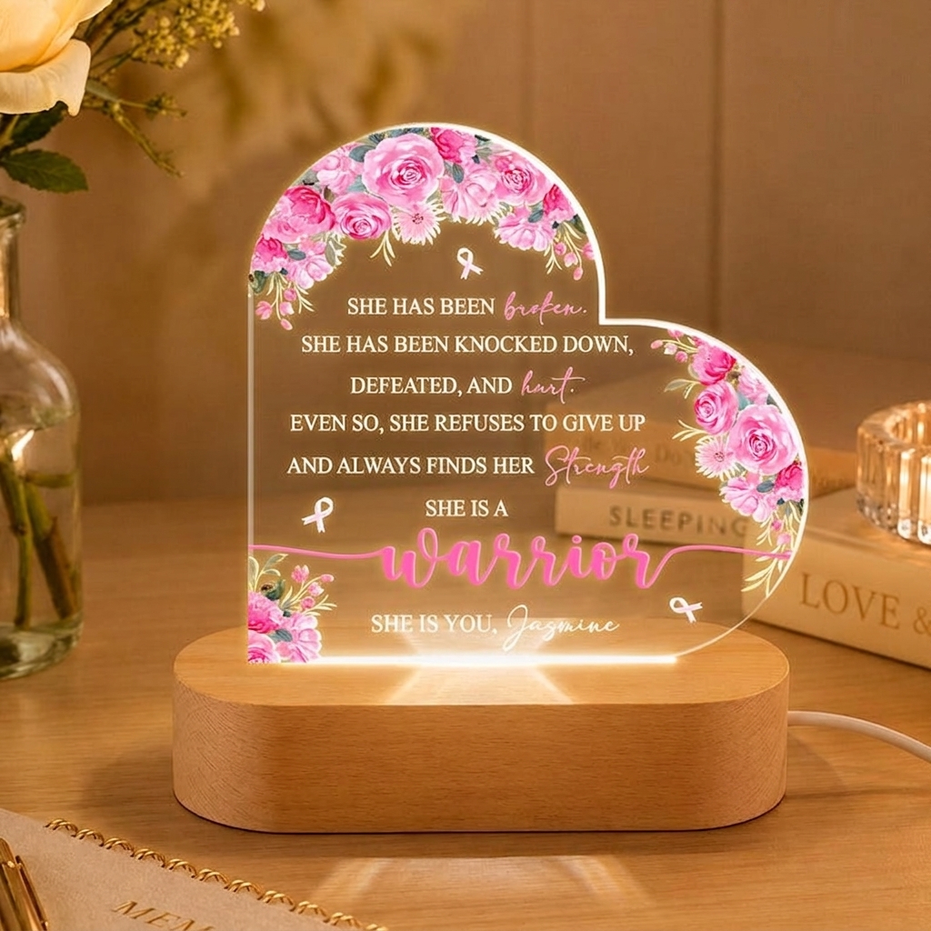 Personalized Warrior Cancer Survivor Custom Pink Ribbon Acrylic Lamp, Strength Keepsake, Encouragement, Breast Cancer Awareness Gift, Survivor Keepsake