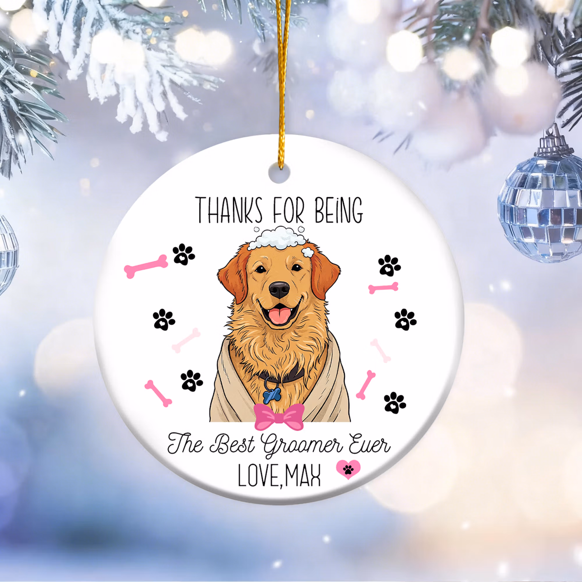 Personalized Dog Bone Paw Cartoon Pet Photo Round Ceramic Ornament with Name Birthday Home Decor Gift for Pet Groomer
