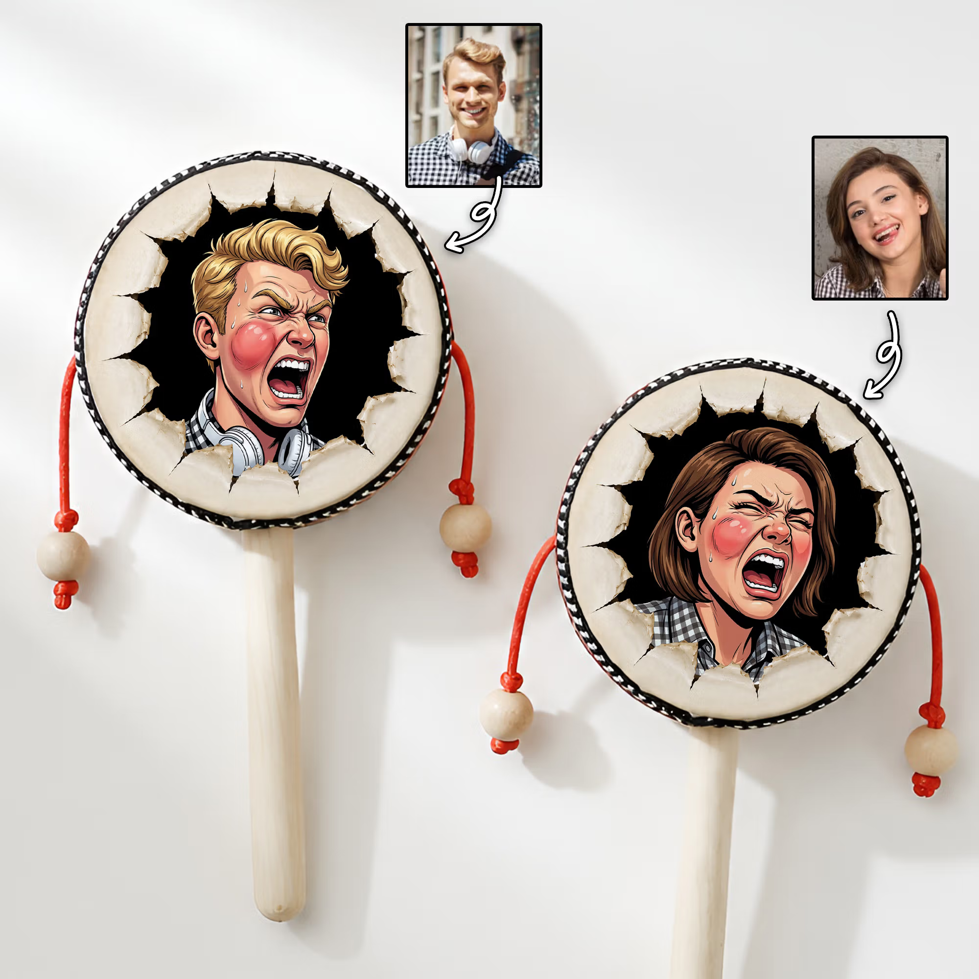 Personalized Funny Comic Style Cartoon Photo Rattle Drum Gag Stress Relief Birthday Gift for Friends Family Coworkers