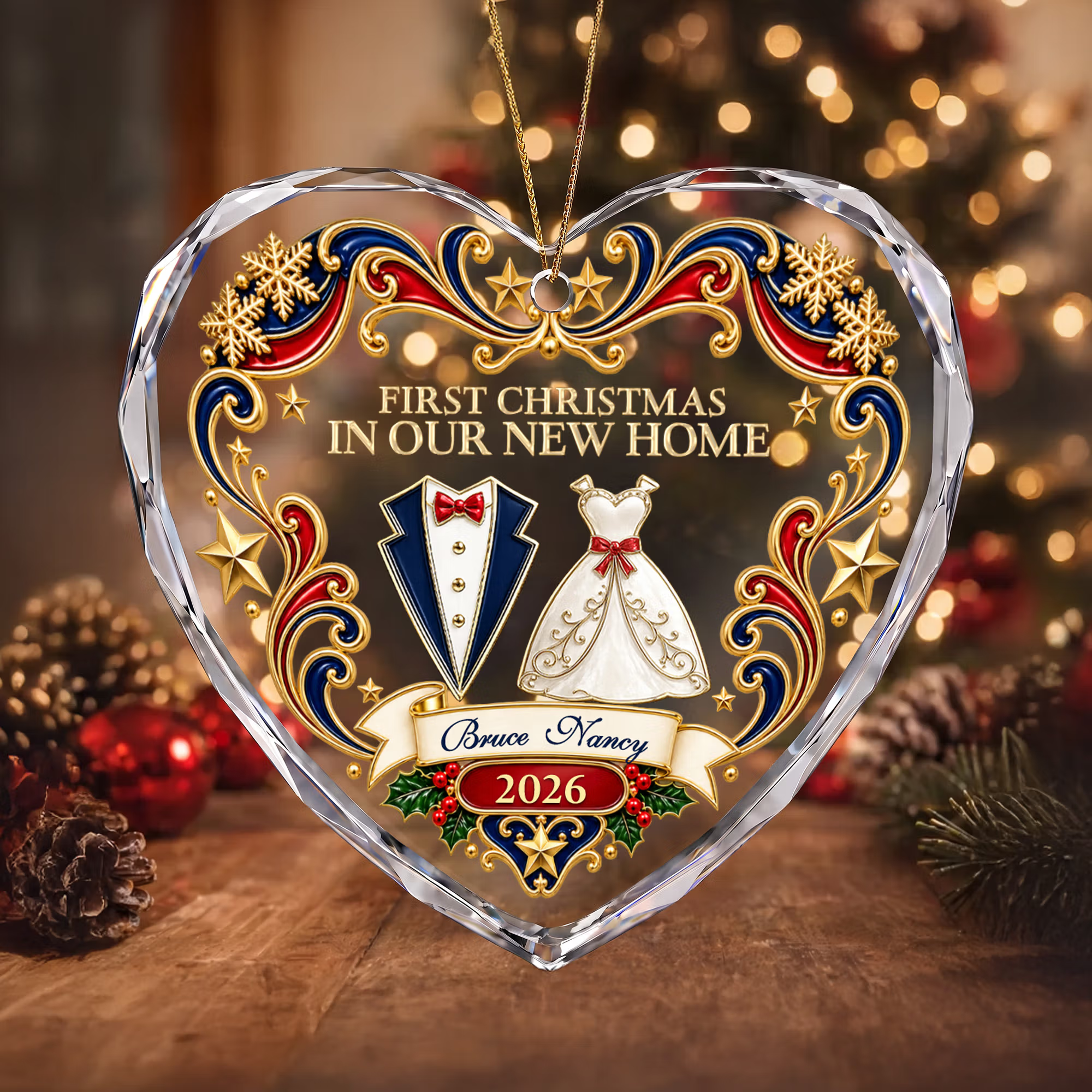Personalized First Christmas Wedding Gown Suit Design Heart-Shaped Ornament with Name and Year Tree Decor Christmas Gift for Newlyweds Couple
