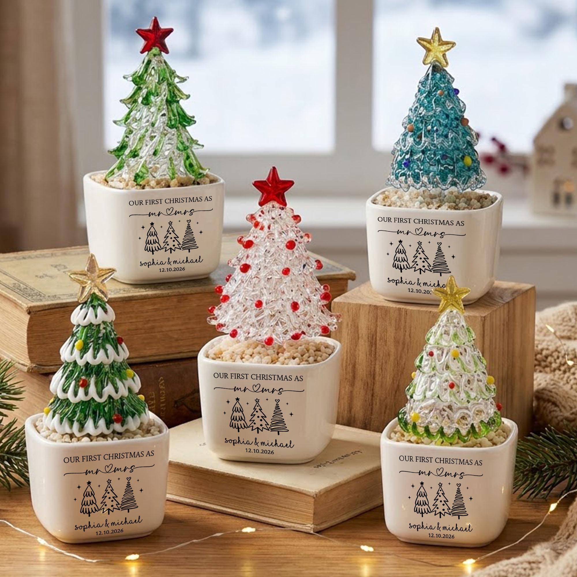 Personalized Mr Mrs Glass Christmas Tree Pot, Wedding Gift, Personalized First Christmas Keepsake, Our 1st Christmas Mr & Mrs Planter,Housewarming Gift