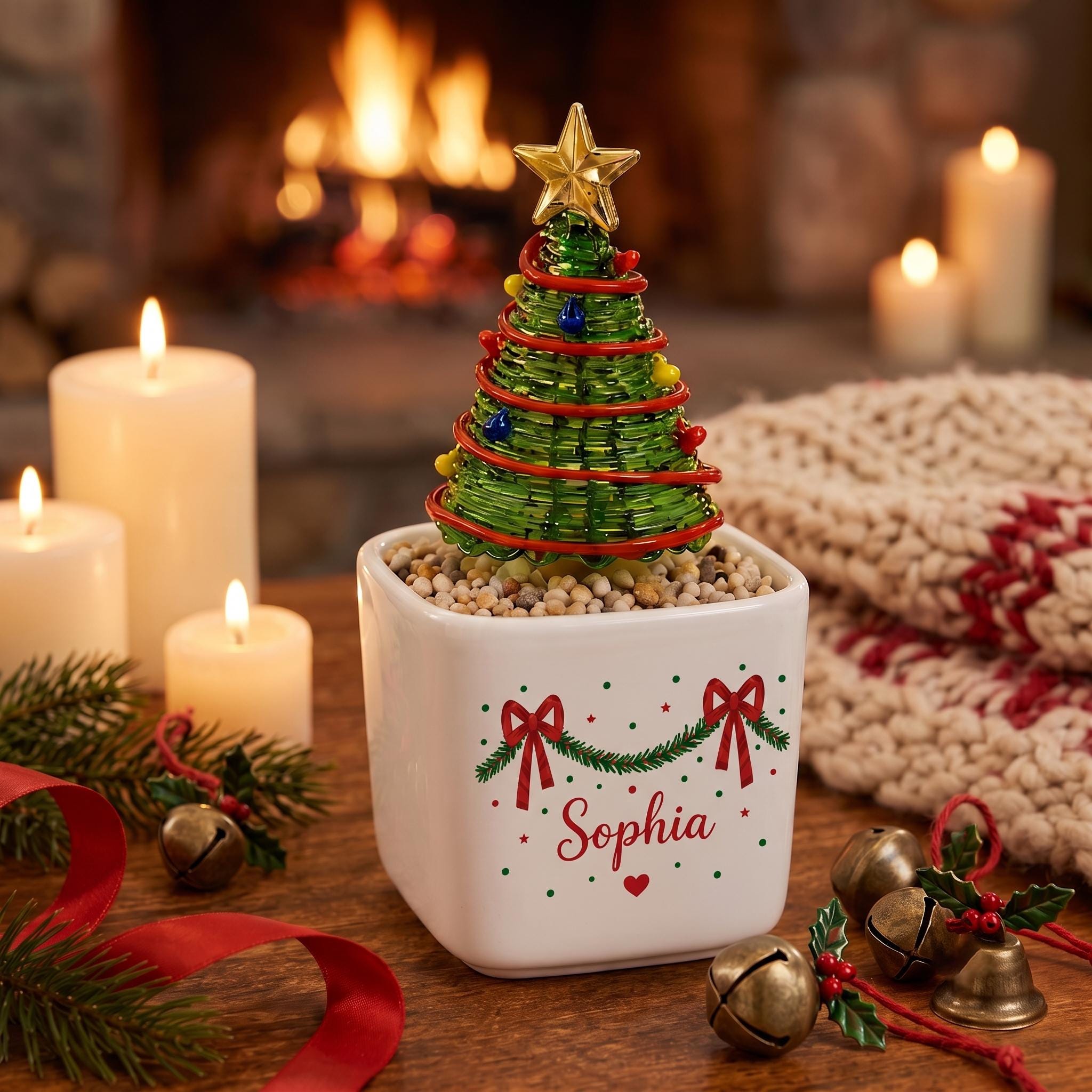 Personalized Glass Christmas Tree in Ceramic Pot, Custom Name Holiday Table Decor, Cute Mini Tree Figurine, Christmas 2026 Gift
