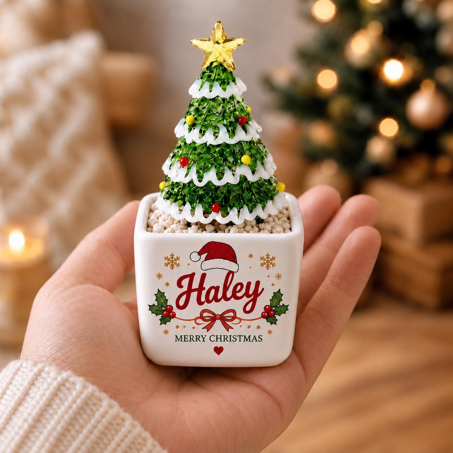 Personalized Glass Christmas Tree, Custom Name Mini Holiday Decor, Christmas Keepsake, Secret Santa Teacher Coworker Gift
