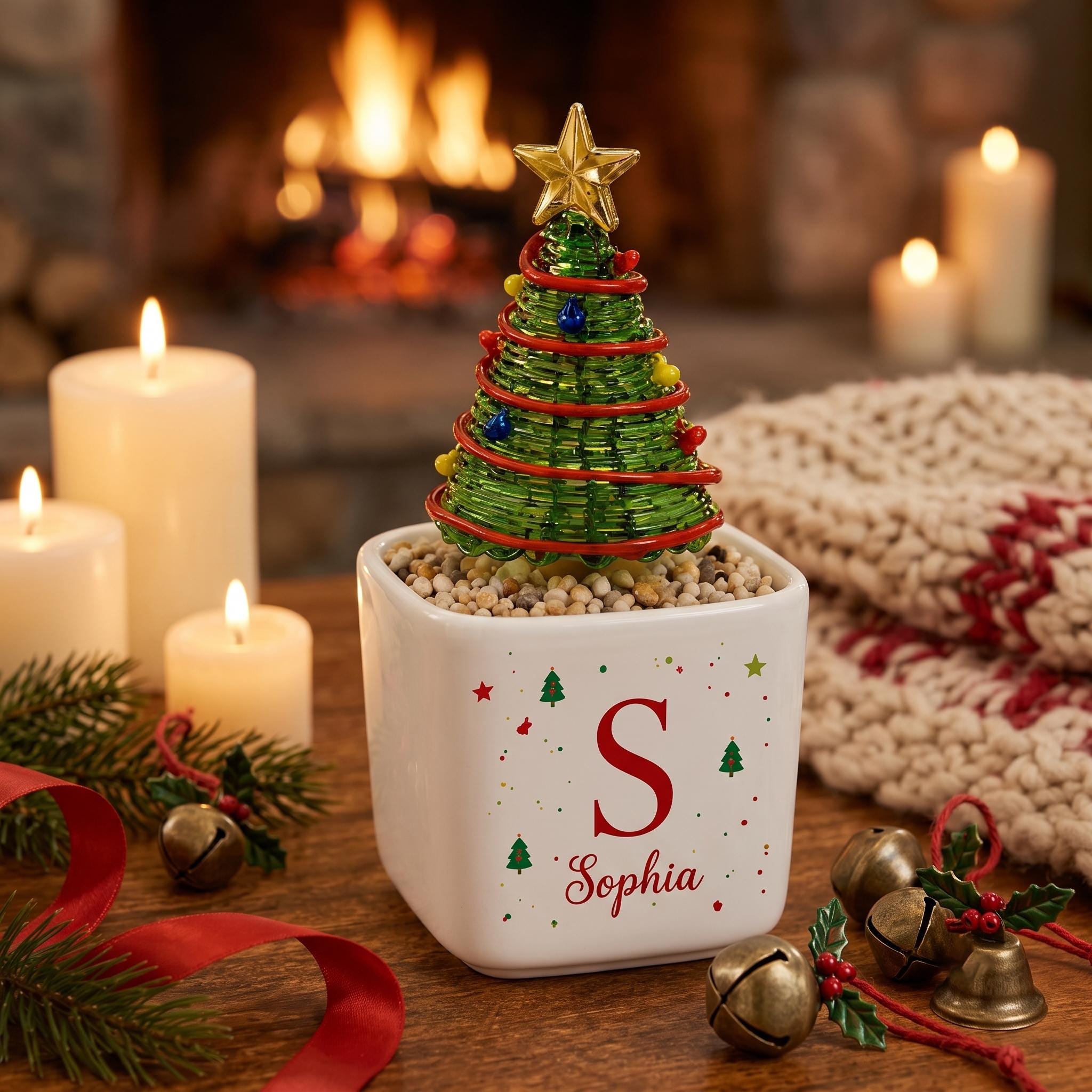 Personalized Glass Christmas Tree, Custom Name Mini Holiday Decor, Christmas Keepsake, Secret Santa Teacher Coworker Gift