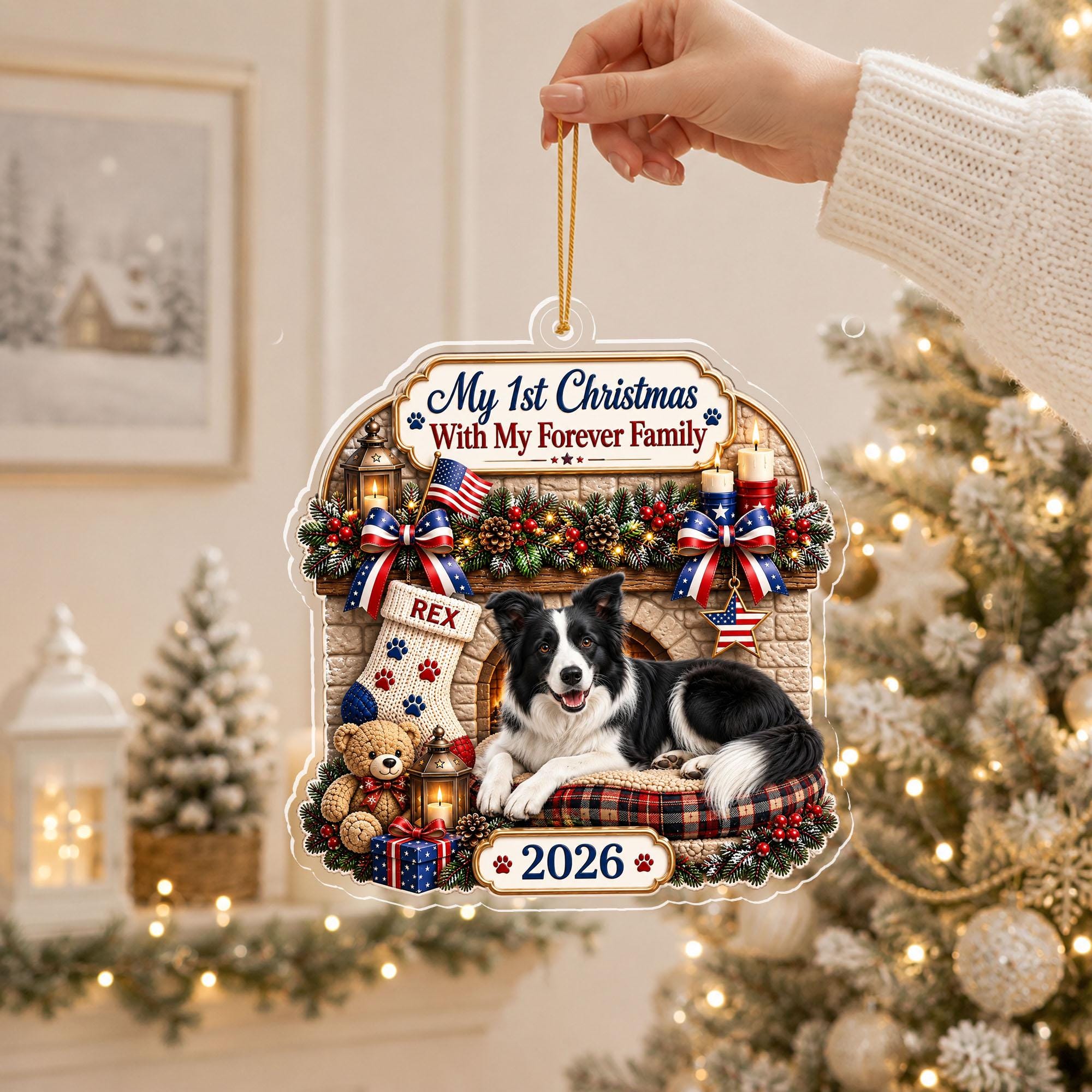 Personalized Pet Photo Ornament, Dog's My First Christmas With My Forever Family, Custom Dog Adoption Gift, Rescue Pet Keepsake, 2D Flat