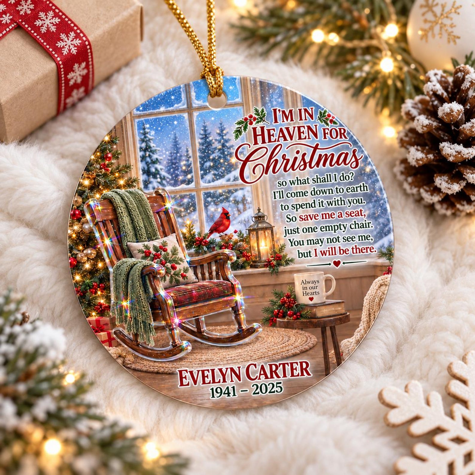 Personalized Photo Memorial Hologram Ornament, I'm In Heaven For Christmas Empty Chair, Sympathy Loss Glitter Gift 2026,Loss Of Loved One Gifts