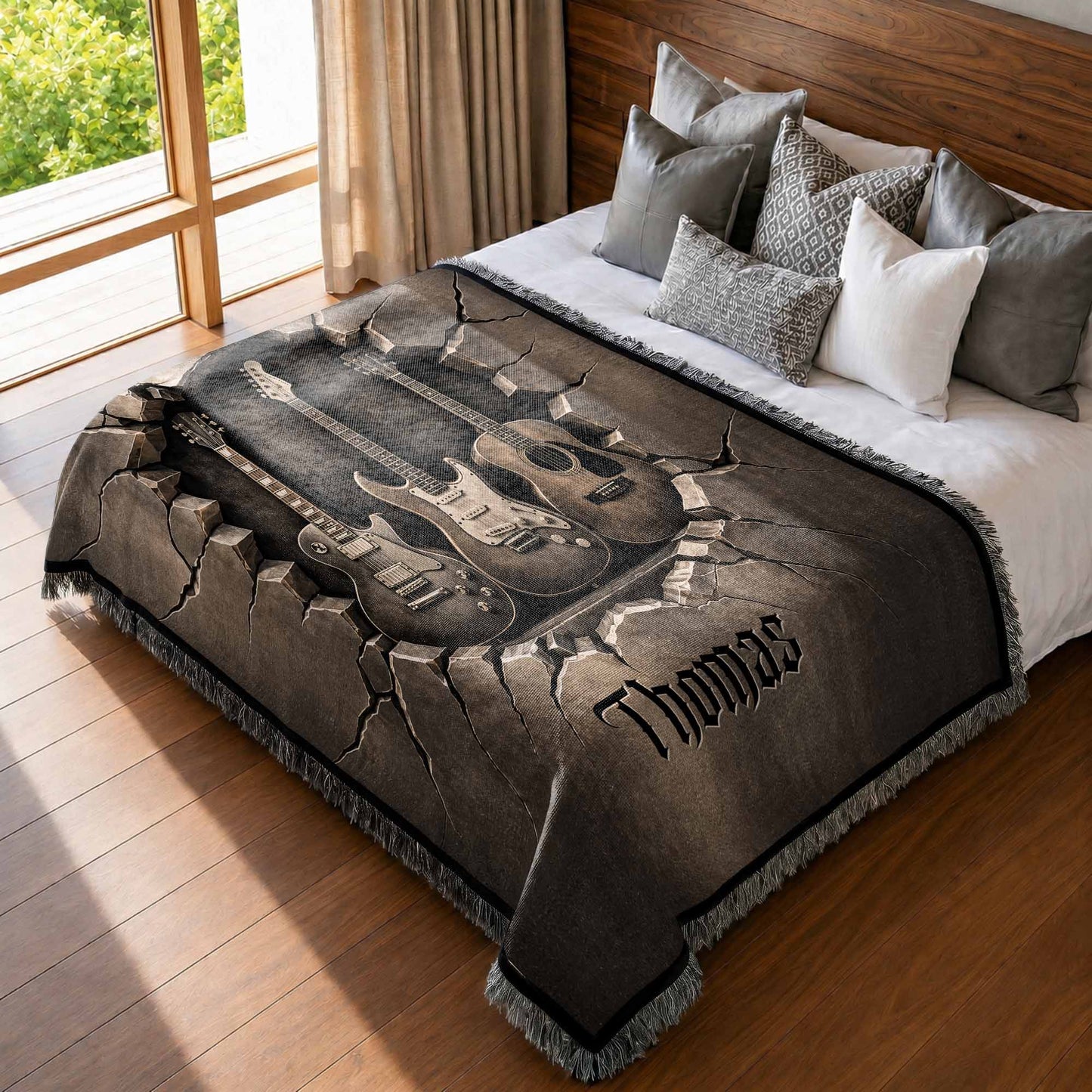 Personalized 3D Guitar Cracked Wall Personalized Woven Blanket, Gift for Musicians