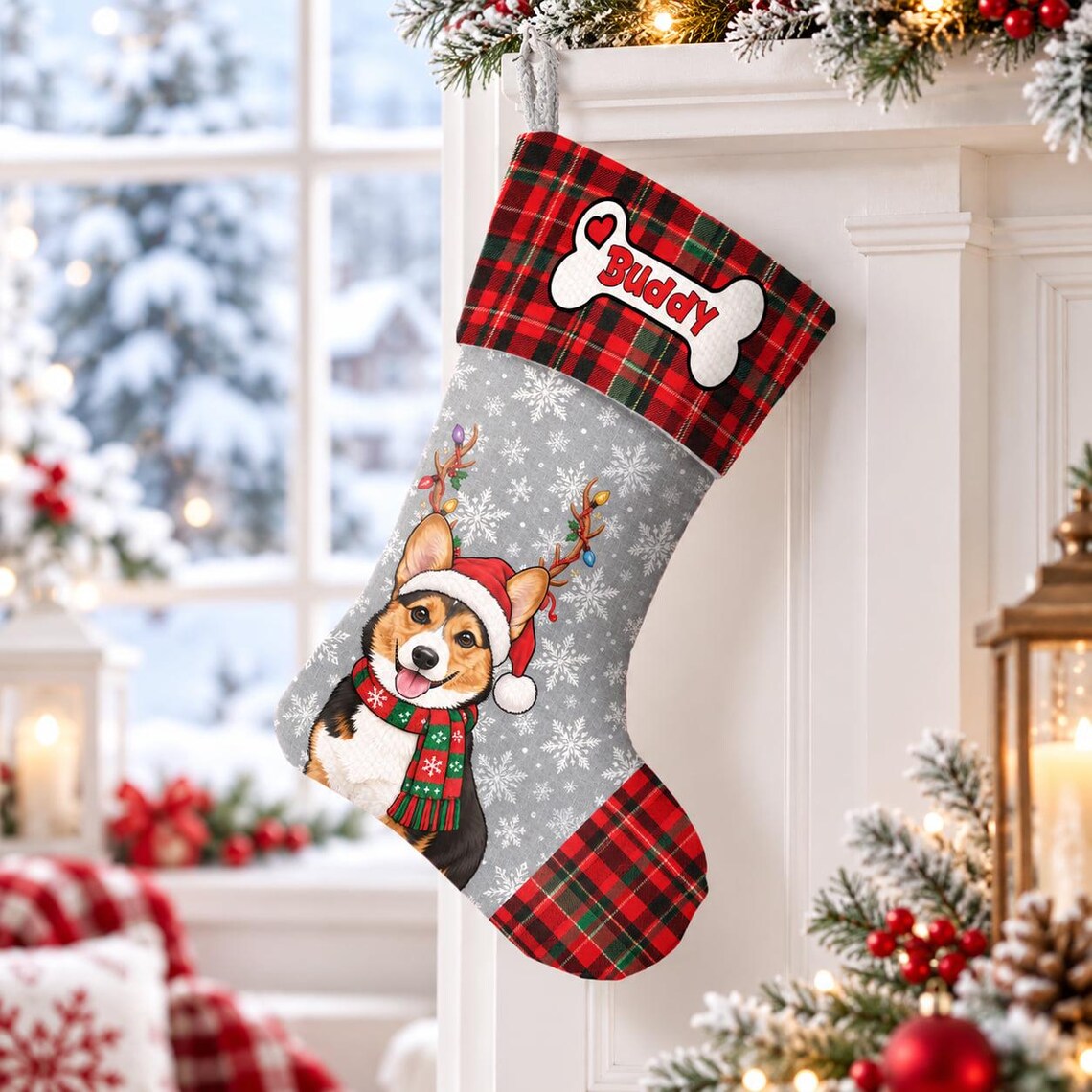 Personalized Christmas Bone Stocking, Custom Pet Photo Name Stocking with Checkered Plaid Pattern, Cute Holiday Decor Gift for Pet Lovers