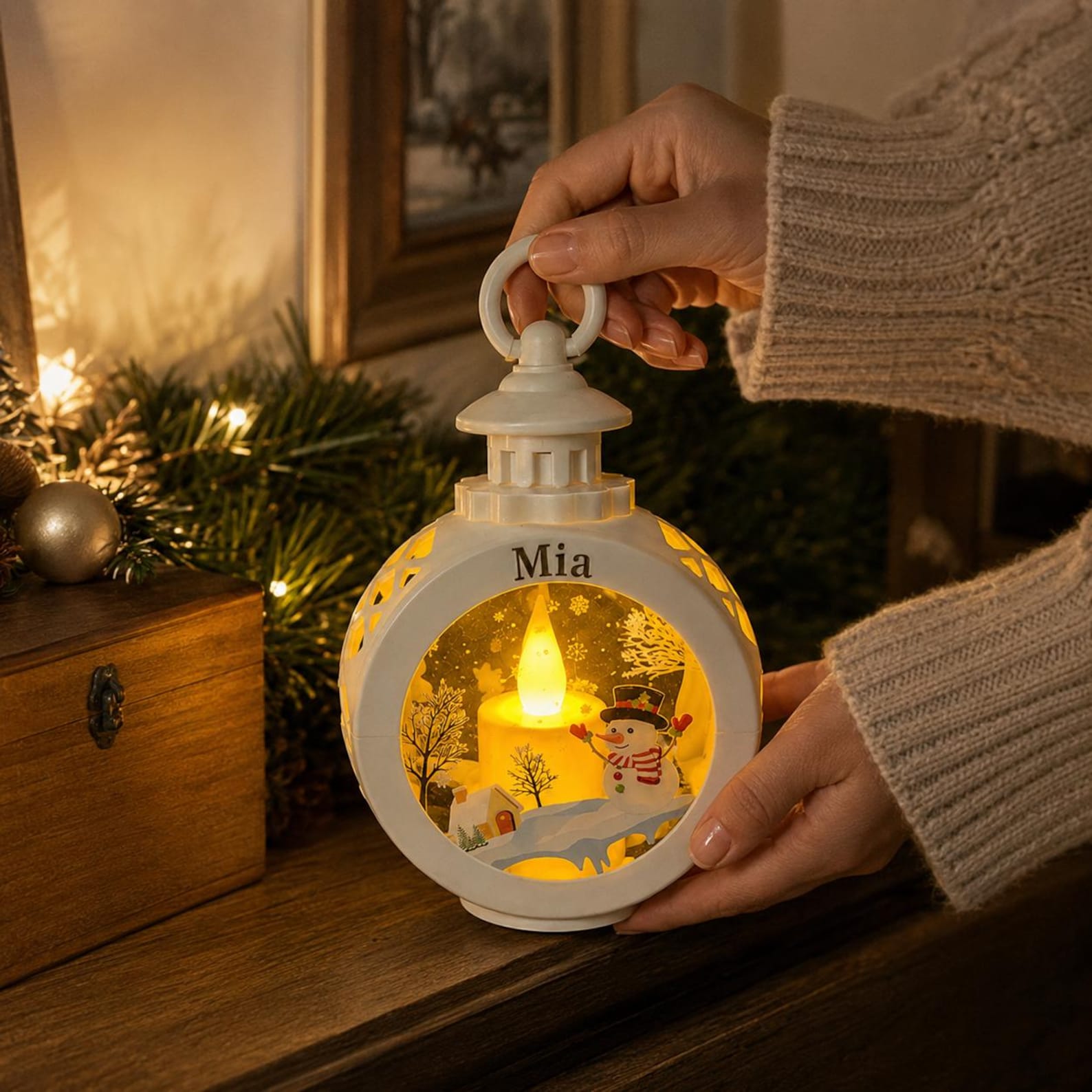 Personalized Christmas Lantern Night Light, LED Snowman or Santa Holiday Decor