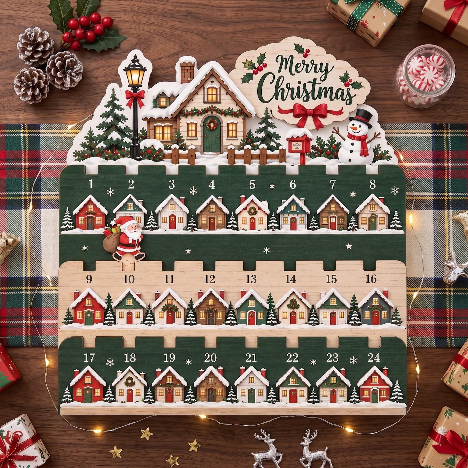 Christmas Countdown Calendar Wooden Stand, 24-Day Advent, Santa Village Decor