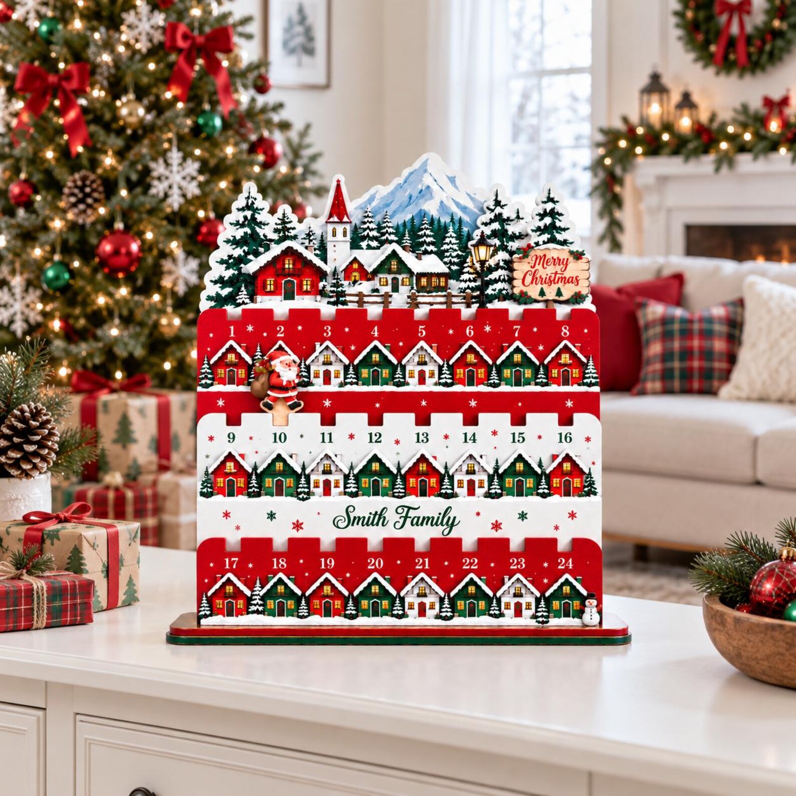Personalized Christmas Countdown Calendar Wooden Stand, 24-Day Family Advent Calendar