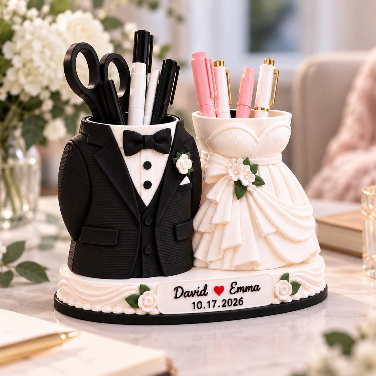 Personalized Wedding Dress Tuxedo Pen Holder 3D Printed, Custom Newlywed Couple Marriage Decor Engagement, Our First Christmas Together Gift