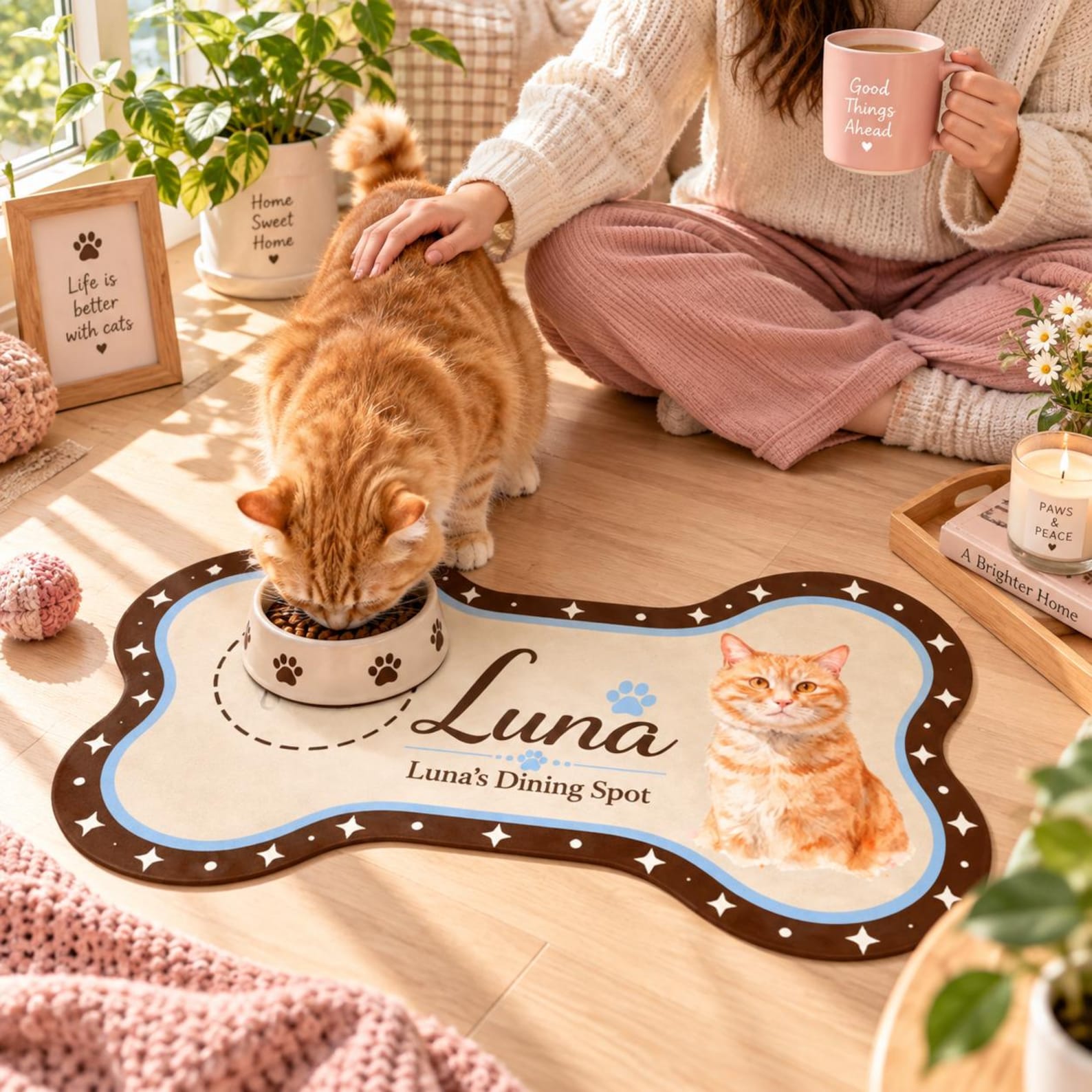 Personalized Pet Feeding Mat, Custom Pet Photo & Name Bone Shaped Dog Cat Bowl Mat, Cute Home Dining Decor, Gift for Pet Lovers