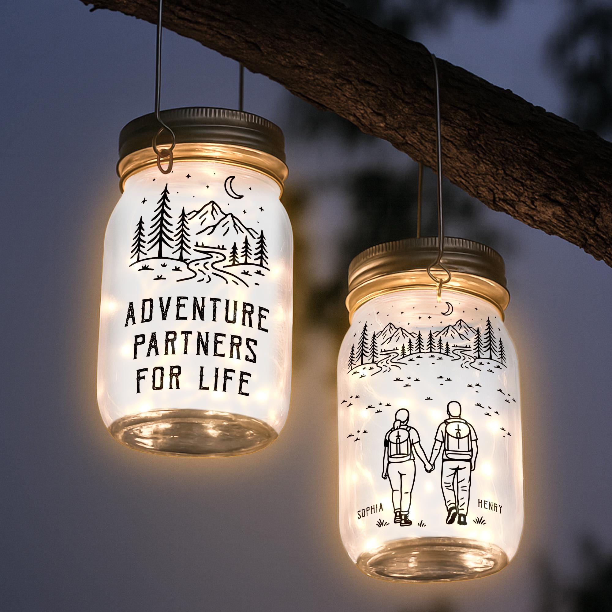 Personalized Adventure Partners For Life Solar Mason Jar Light, Custom Camping Couple Night Light Jar, Hiking Couple Keepsake, Couple Gift