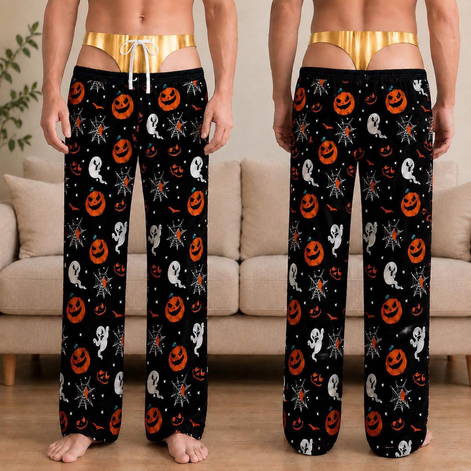 Personalized Men's Pajama Pants, Funny Pajama Pants, Fake Underwear Print Halloween Pants, Novelty Halloween Gag Gift, Party Outfit for Him