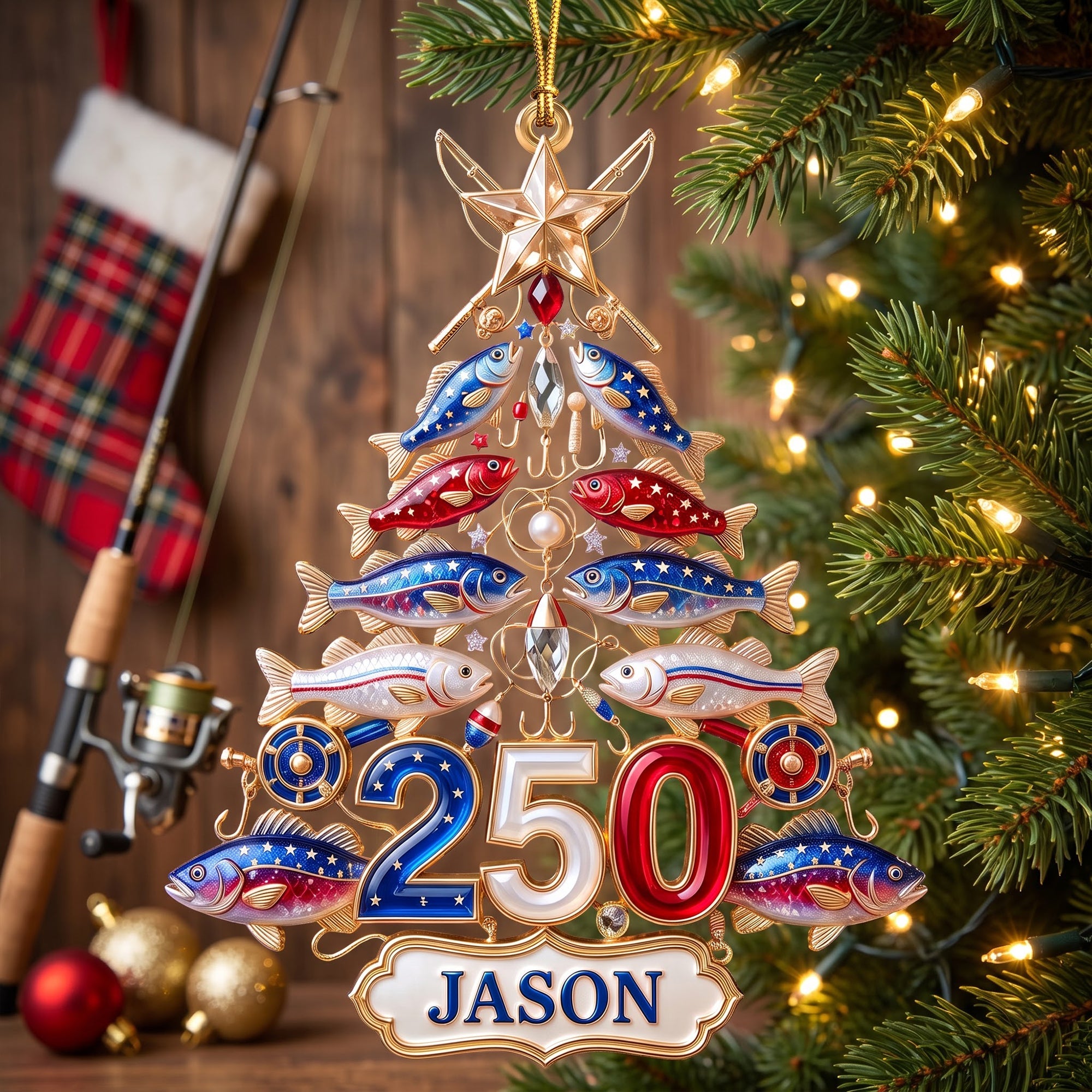 Personalized Fishing 250th USA Anniversary Ornament - Personalized Gifts For Christmas
