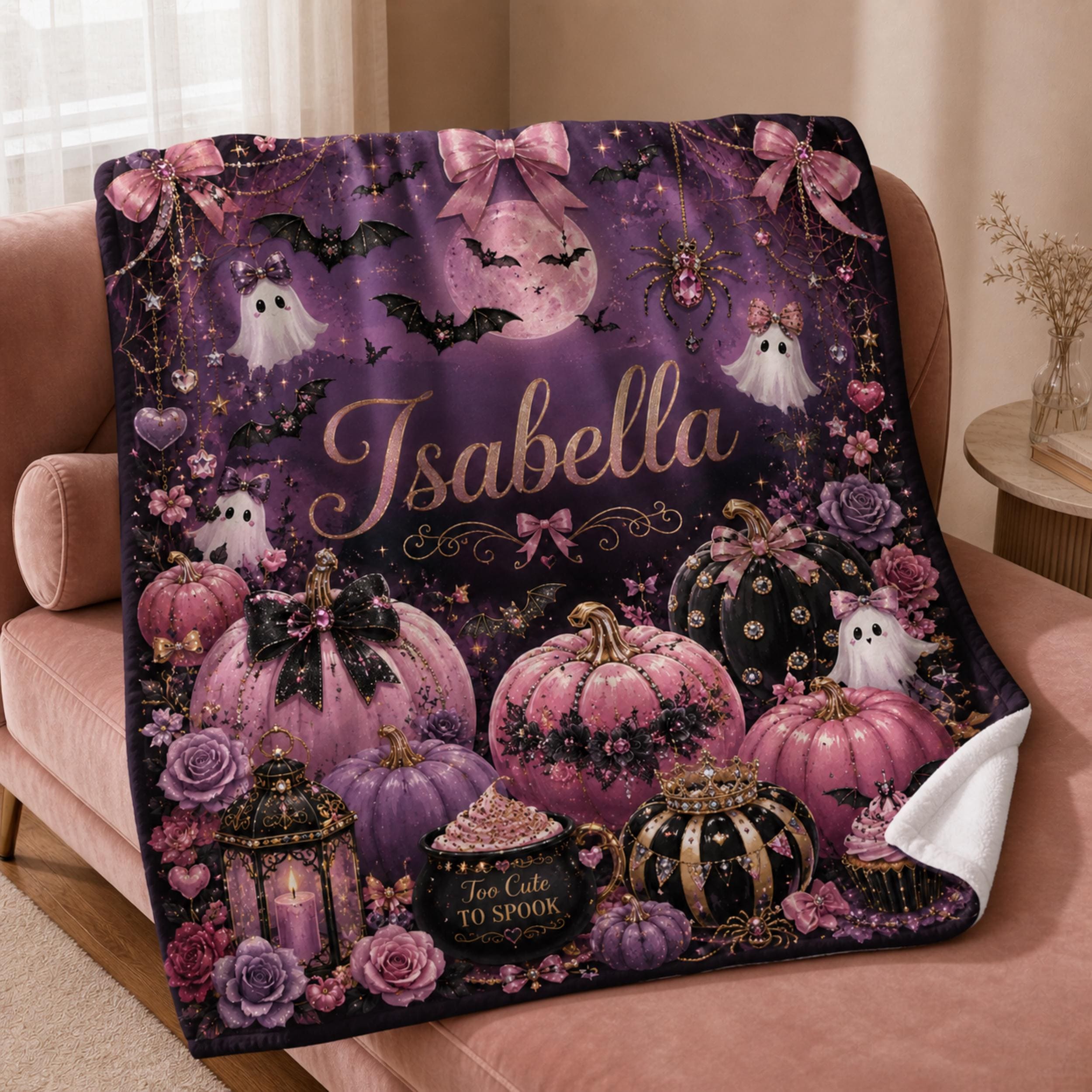 Personalized Halloween Blanket, Personalized Pink Custom Name Plush Throw, Girly Spooky Blanket, Cute Ghost Pumpkin Halloween Gift