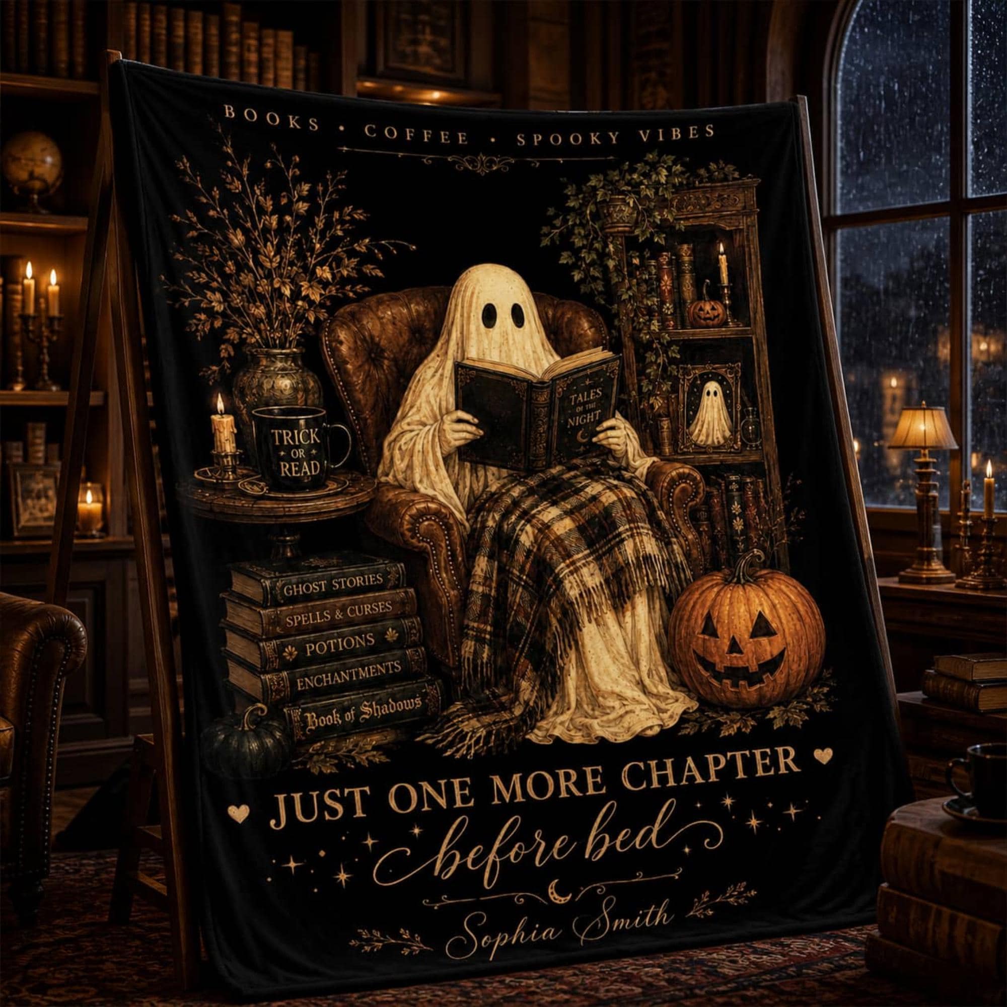 Personalized Ghost Book Lover Fleece Blanket: Custom Gothic Halloween Throw