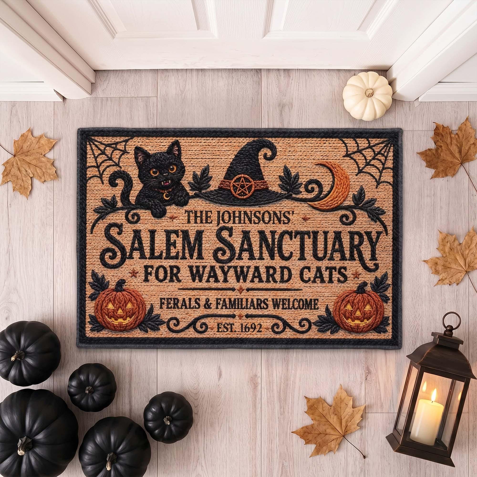 Personalized Witch Cat Welcome Mat, Salem Sanctuary Personalized Halloween Doormat, Custom Family Name Wayward Cats Sign, Cat Lover Porch Fall Decor
