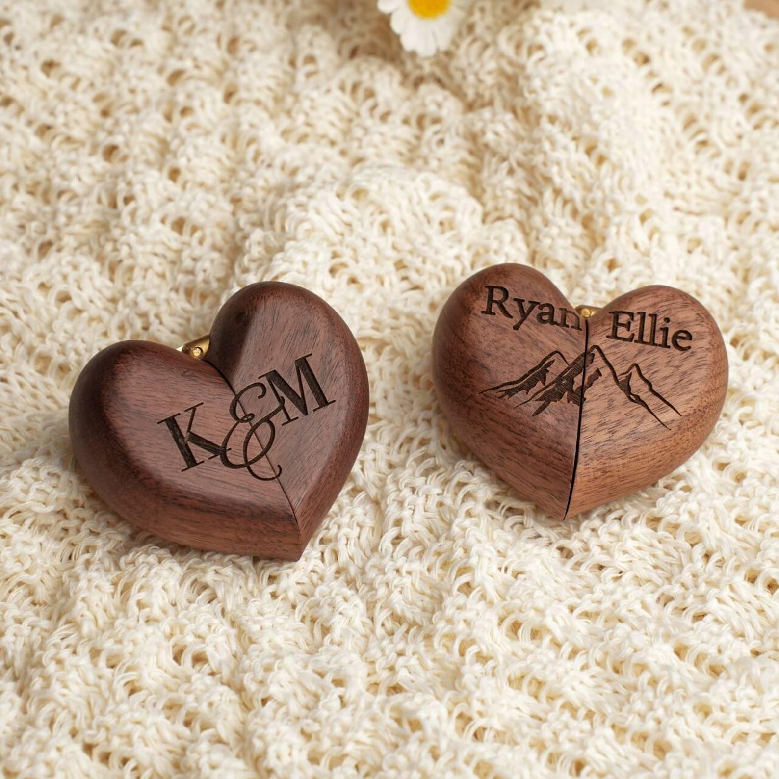 Personalized Custom Heart Shaped Wooden Ring Box, Personalized Walnut Ring Holder, Engagement & Wedding Ring Box, Anniversary Gift