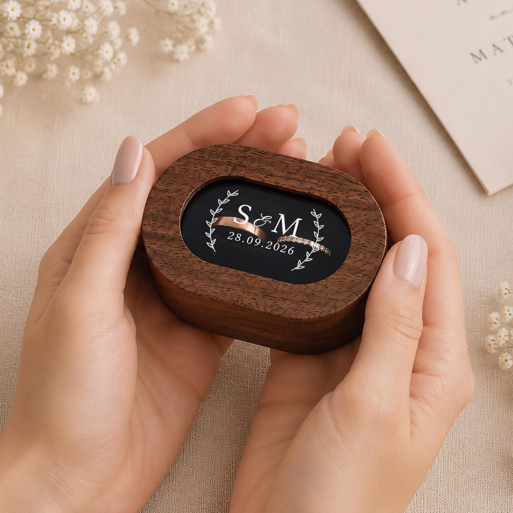 Personalised Walnut Wedding Ring Box, Oval Ring Bearer Box, Engagement Box, Proposal Ring Holder Keepsake