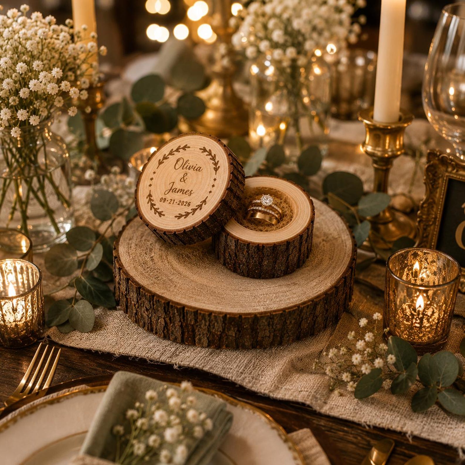 [Copy]Personalised Tree Stump Ring Box, Rustic Wedding Engagement Holder, Personalized Wooden Proposal Box,Golden Silver Wedding Anniversary Tree Trunk