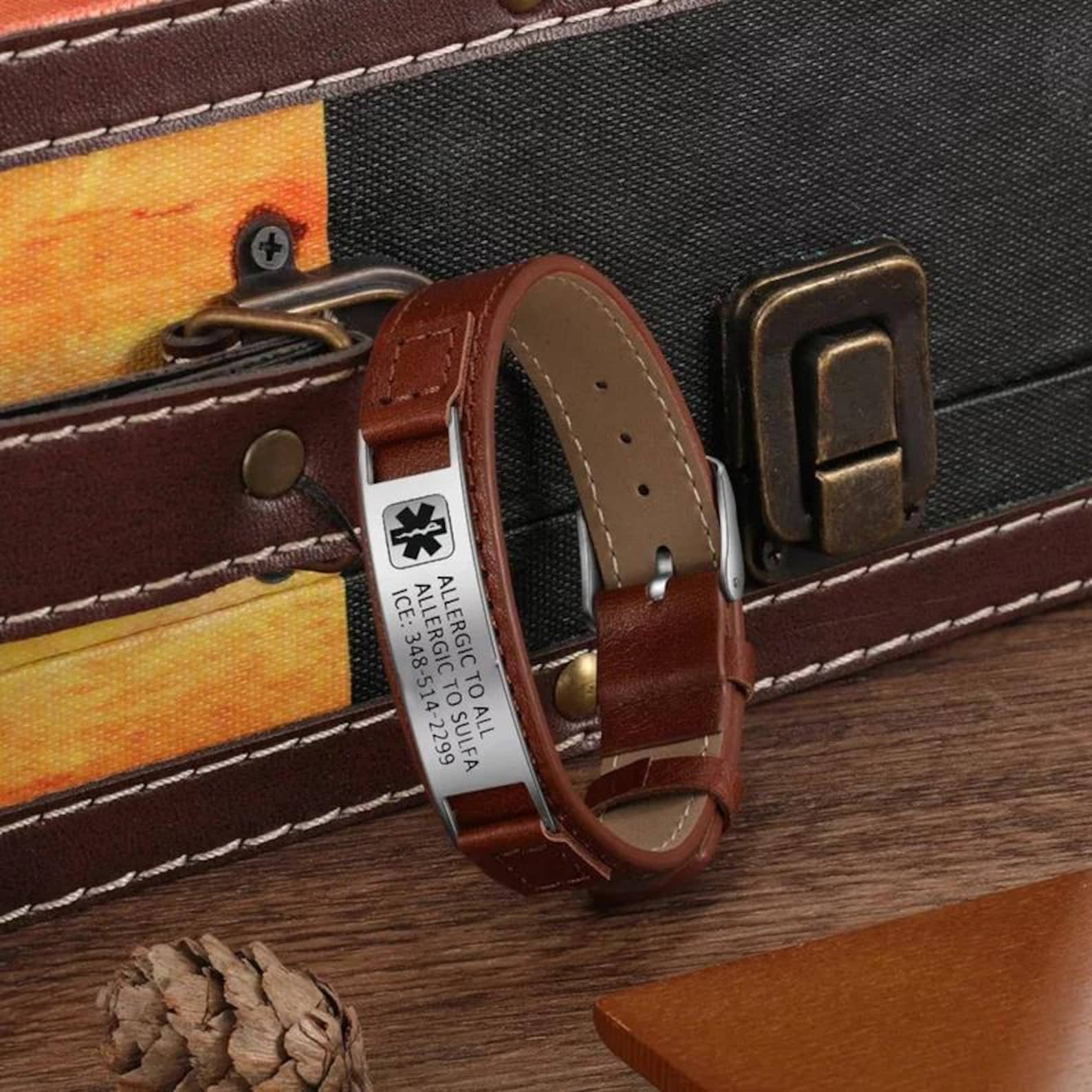 Personalized Adjustable Medical Alert ID Bracelet for Men - Engraved Leather & Steel - Emergency Contact SOS Medic