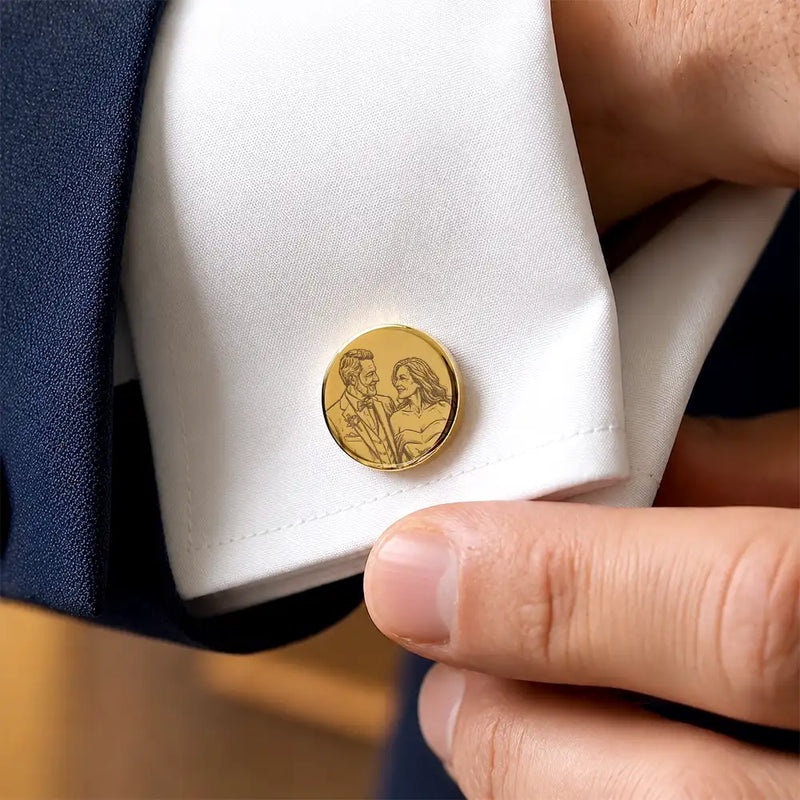 Personalized Photo Bold Sketch Romantic Couple Portrait - Personalized Circular Cufflinks