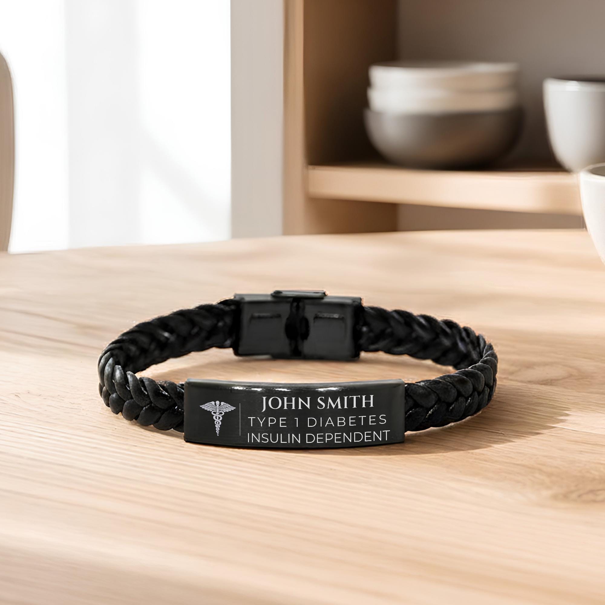 Personalized Type 1 Diabetes Medical ID Bracelet Alert for Men, Custom Engraved Leather ICE ID Tag, Diabetic Emergency Safety Wristband, Gift for Him