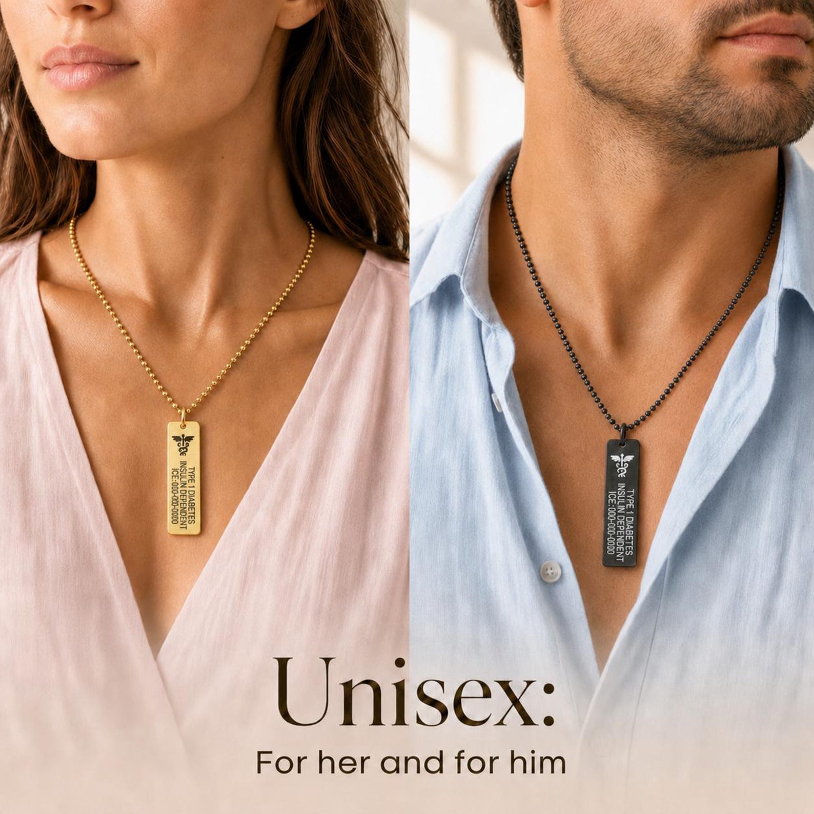Personalized Type 1 Diabetes Medical ID Bar Necklace, Stainless Steel Engraved Alert Jewelry