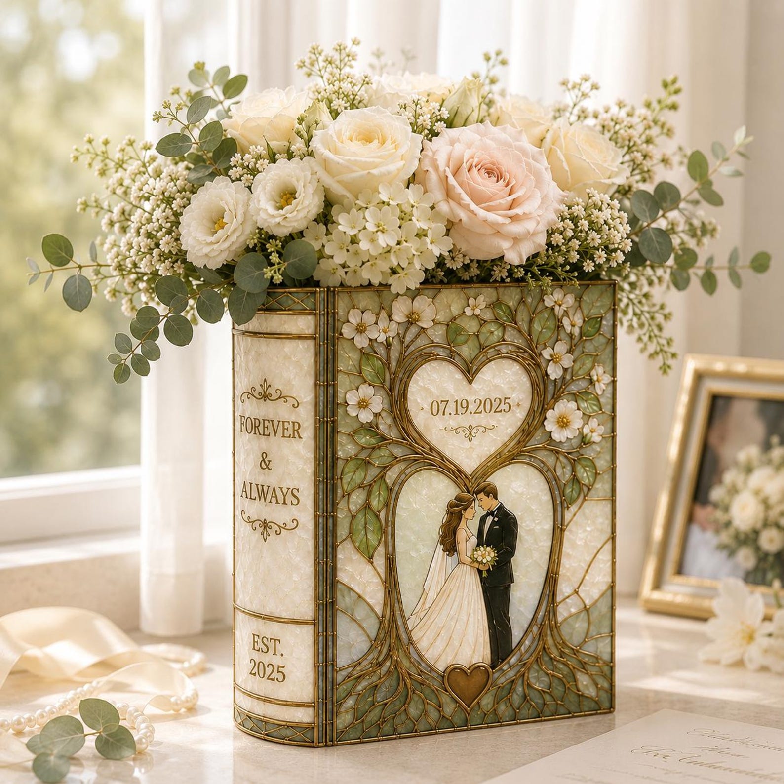 Personalized Floral Book Shaped Vase Personalized Couple Initials Vase Wedding Centerpiece Gift, Anniversary Keepsake Decor