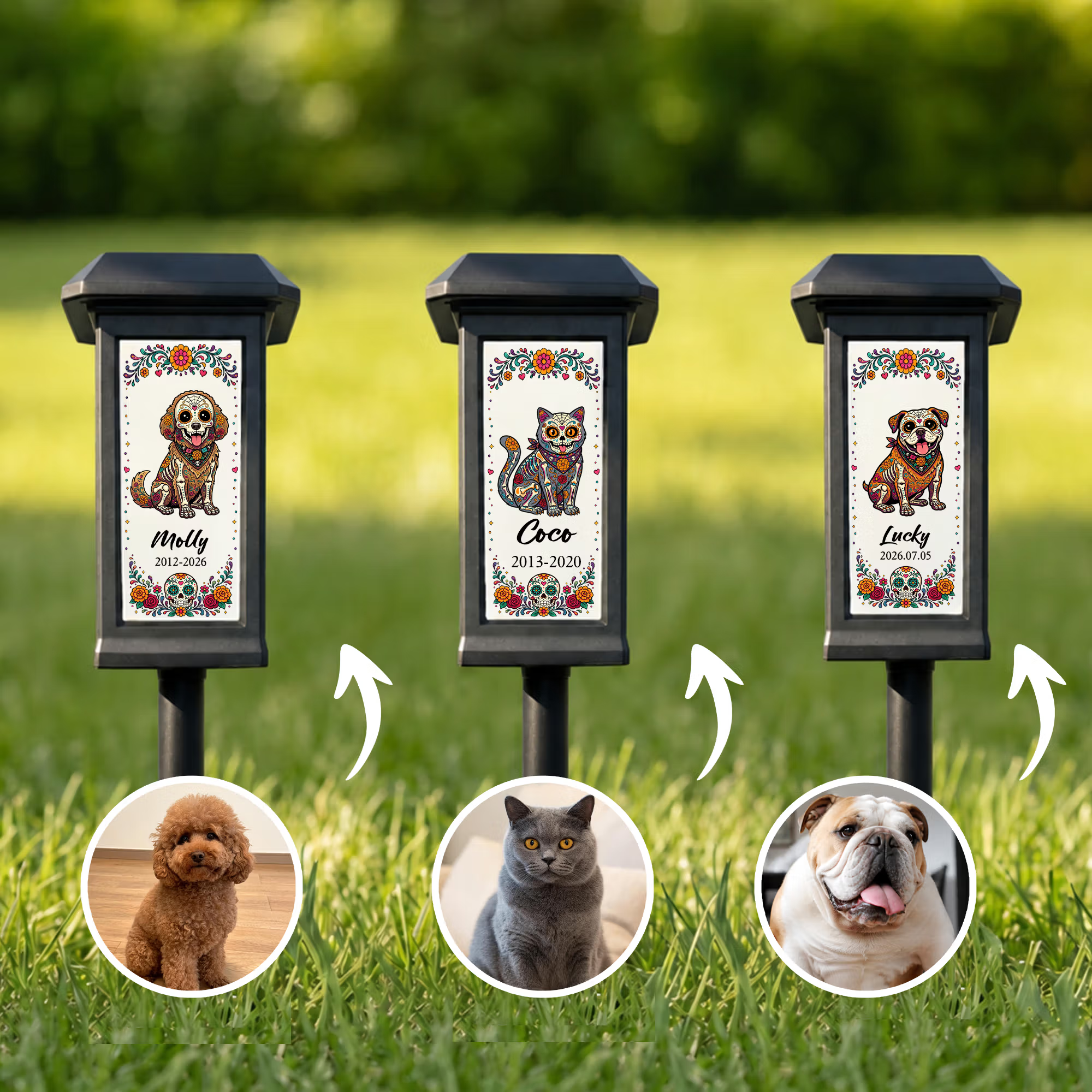 Personalized Day of the Dead Flower Sugar Skull Pet Photo Solar Garden Light with Name Garden Use Memorial Day of the Dead Gift for Pet Owners Lovers