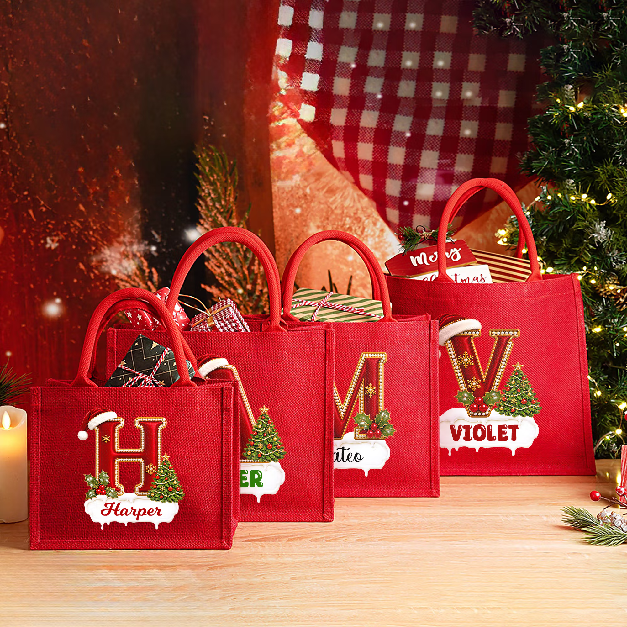 Personalized Christmas Large Capacity Red Jute Tote Bag with Name Christmas Party Gift for Neighbors Christmas Stockings Bag 