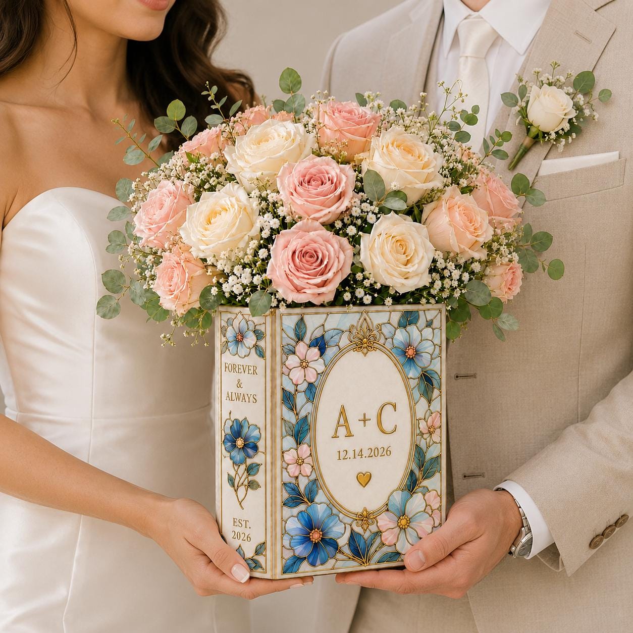 Personalized Floral Book Shaped Vase Personalized Couple Initials Vase Wedding Centerpiece Gift, Anniversary Keepsake Decor