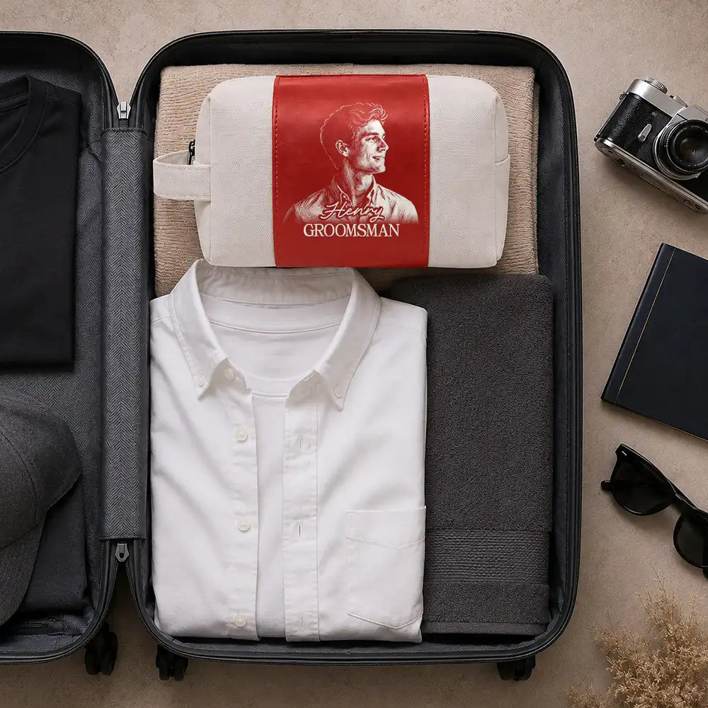 Personalized Photo White Pencil Sketch Groomsmen Wedding, Bachelor Travel Favor - Personalized Leather Canvas Toiletry Bag