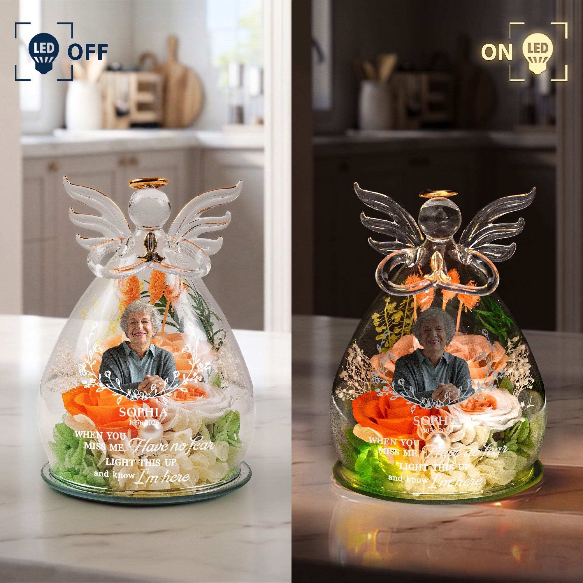 Personalized Light This Up And Know I'm Here Memorial Gift - Personalized Flower In Glass Angel Figurines
