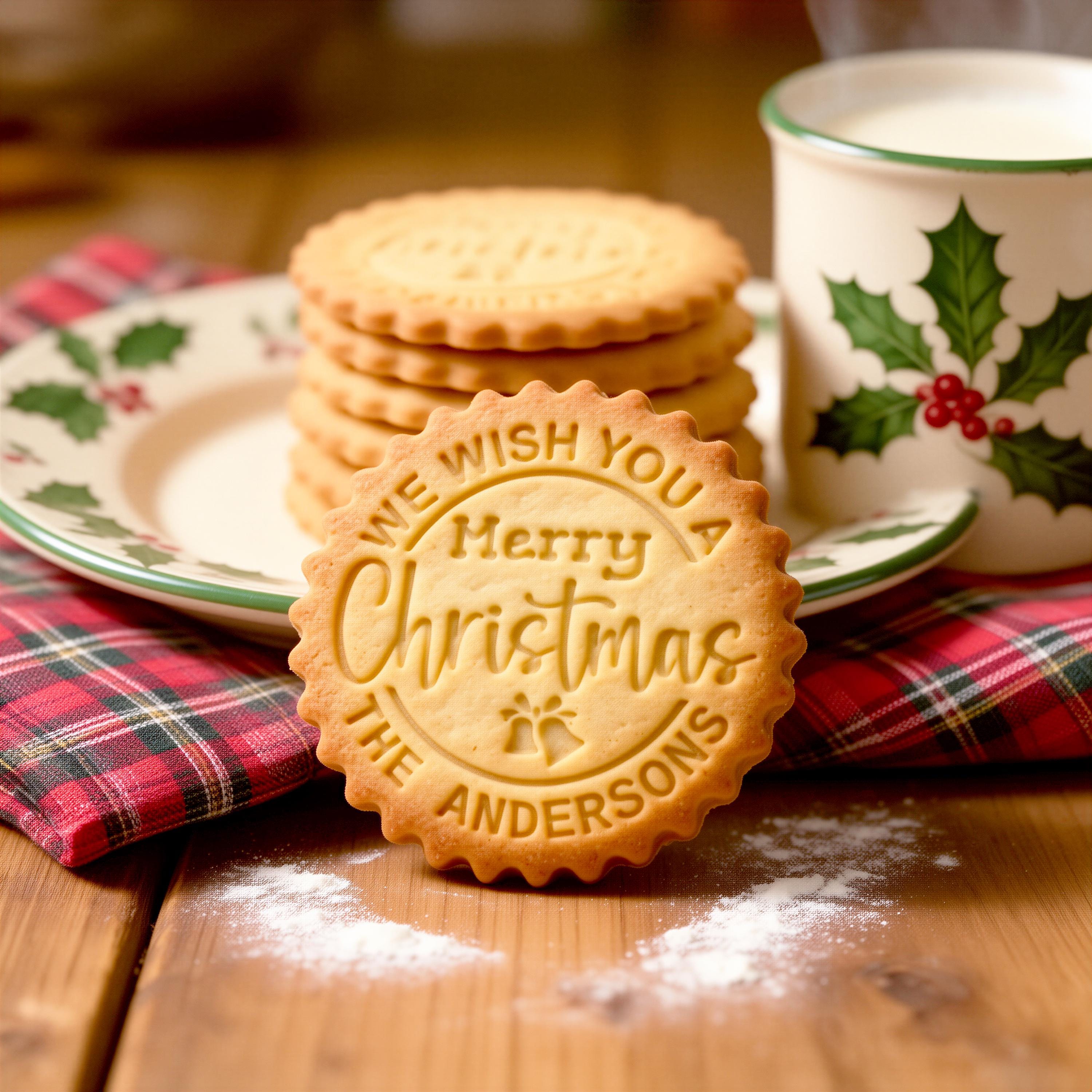 Personalized Christmas Cookie Stamp & Cutter, Custom Family Name, Four Shapes, Recipe included