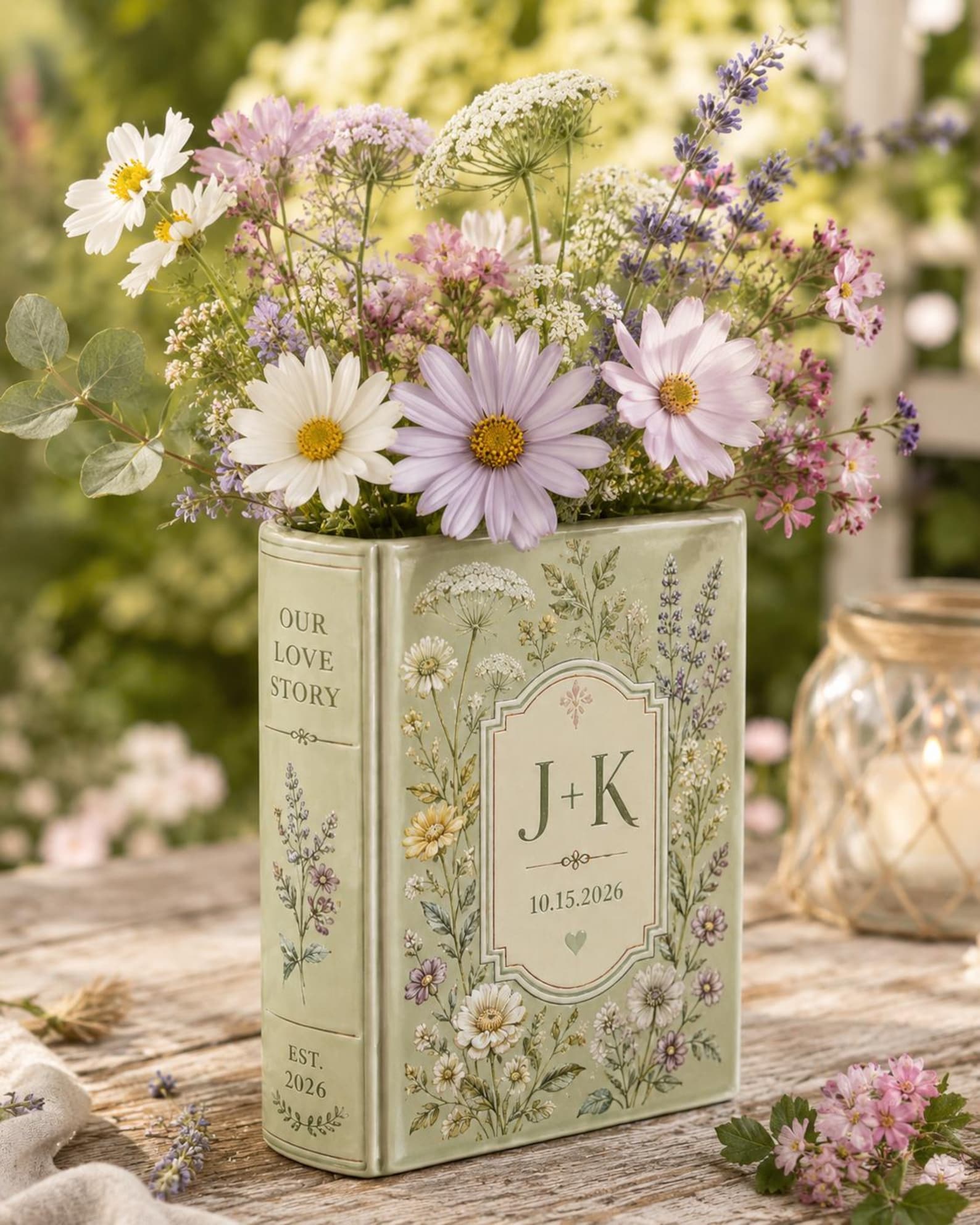 Personalized Floral Book Shaped Vase Personalized Couple Initials Vase Wedding Centerpiece Gift, Anniversary Keepsake Decor