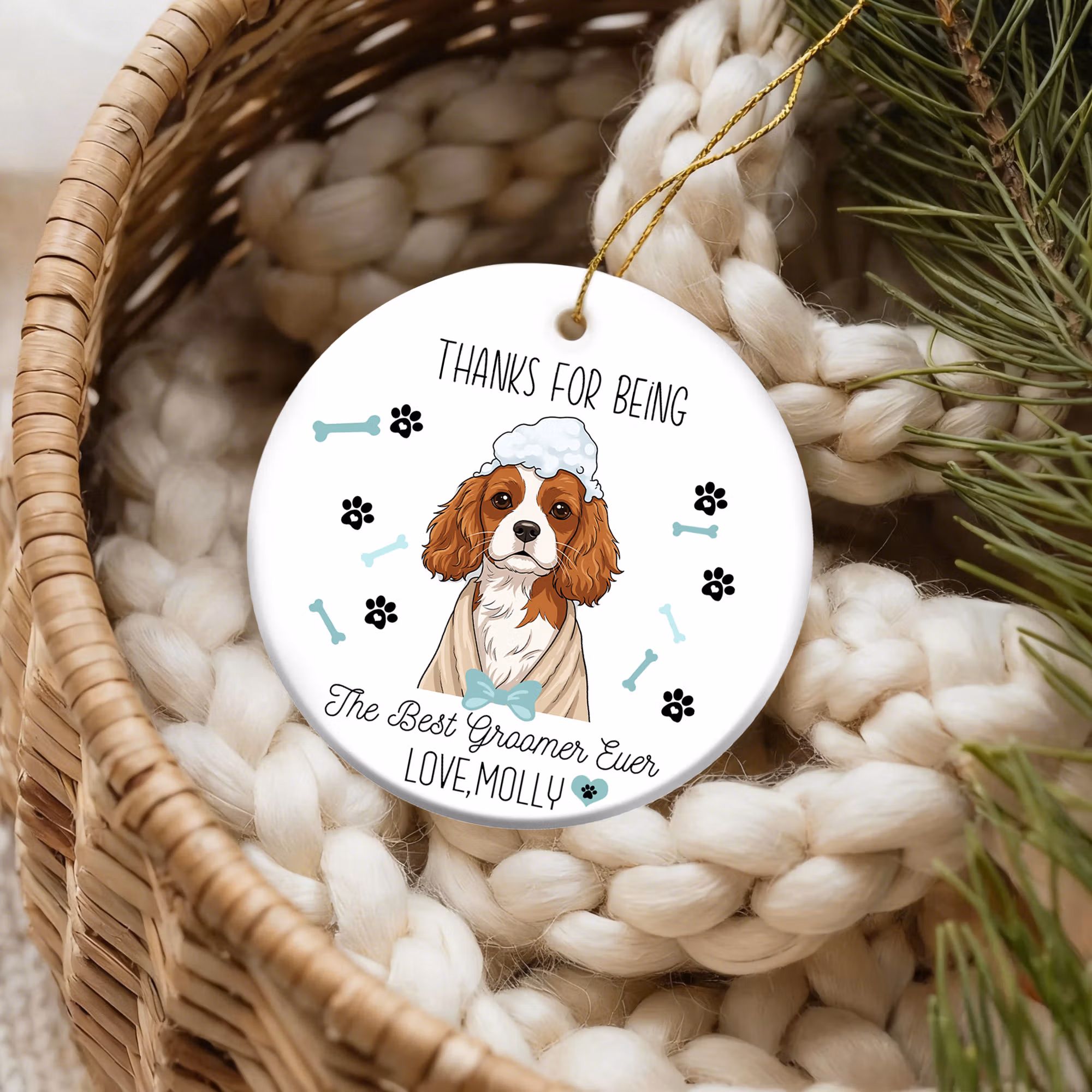 Personalized Dog Bone Paw Cartoon Pet Photo Round Ceramic Ornament with Name Birthday Home Decor Gift for Pet Groomer