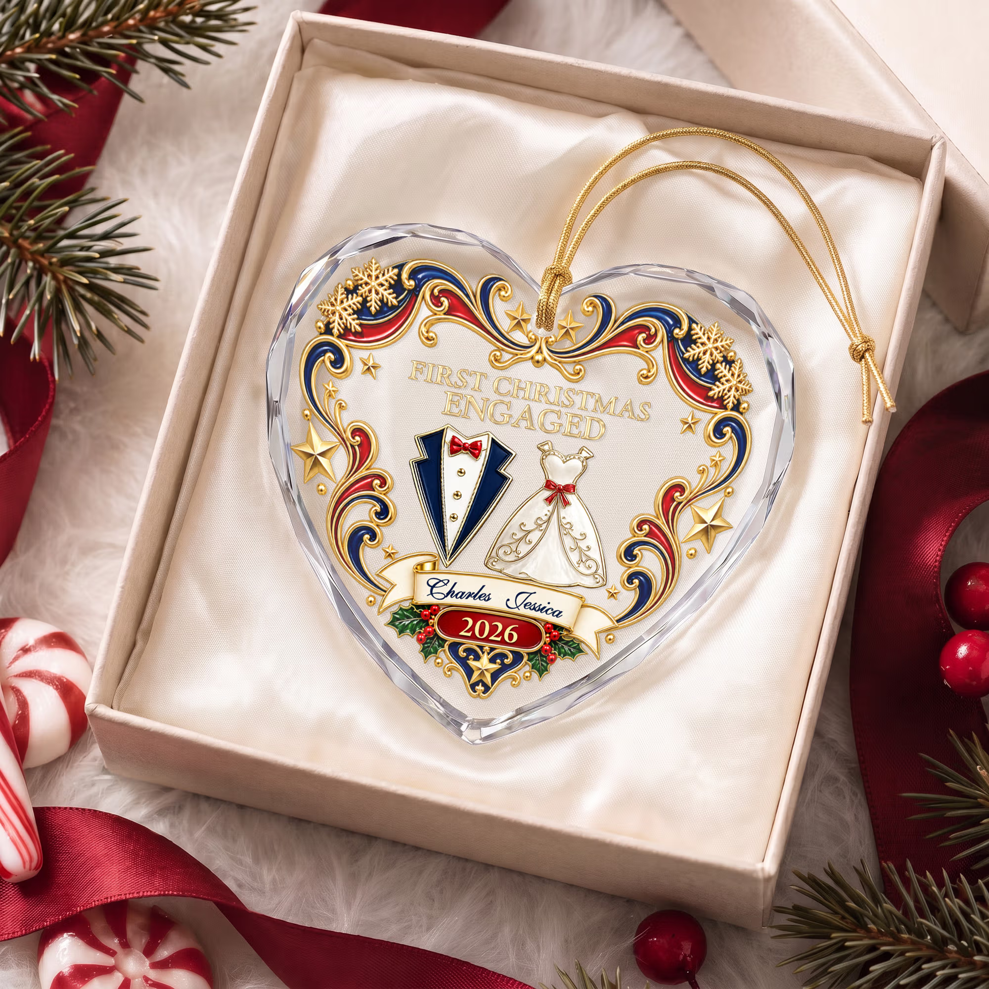 Personalized First Christmas Wedding Gown Suit Design Heart-Shaped Ornament with Name and Year Tree Decor Christmas Gift for Newlyweds Couple
