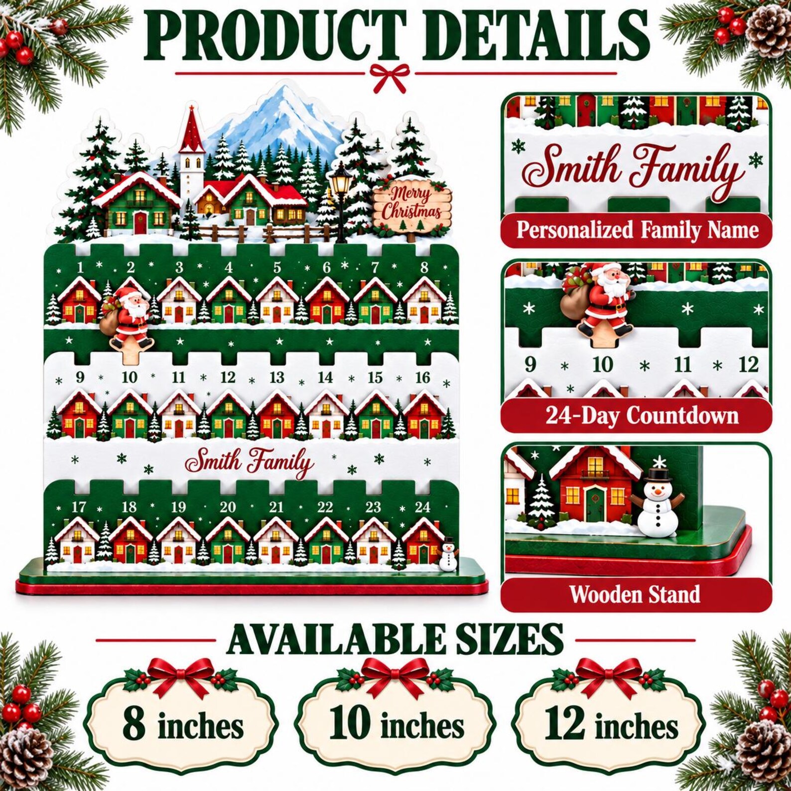 Personalized Christmas Countdown Calendar Wooden Stand, 24-Day Family Advent Calendar