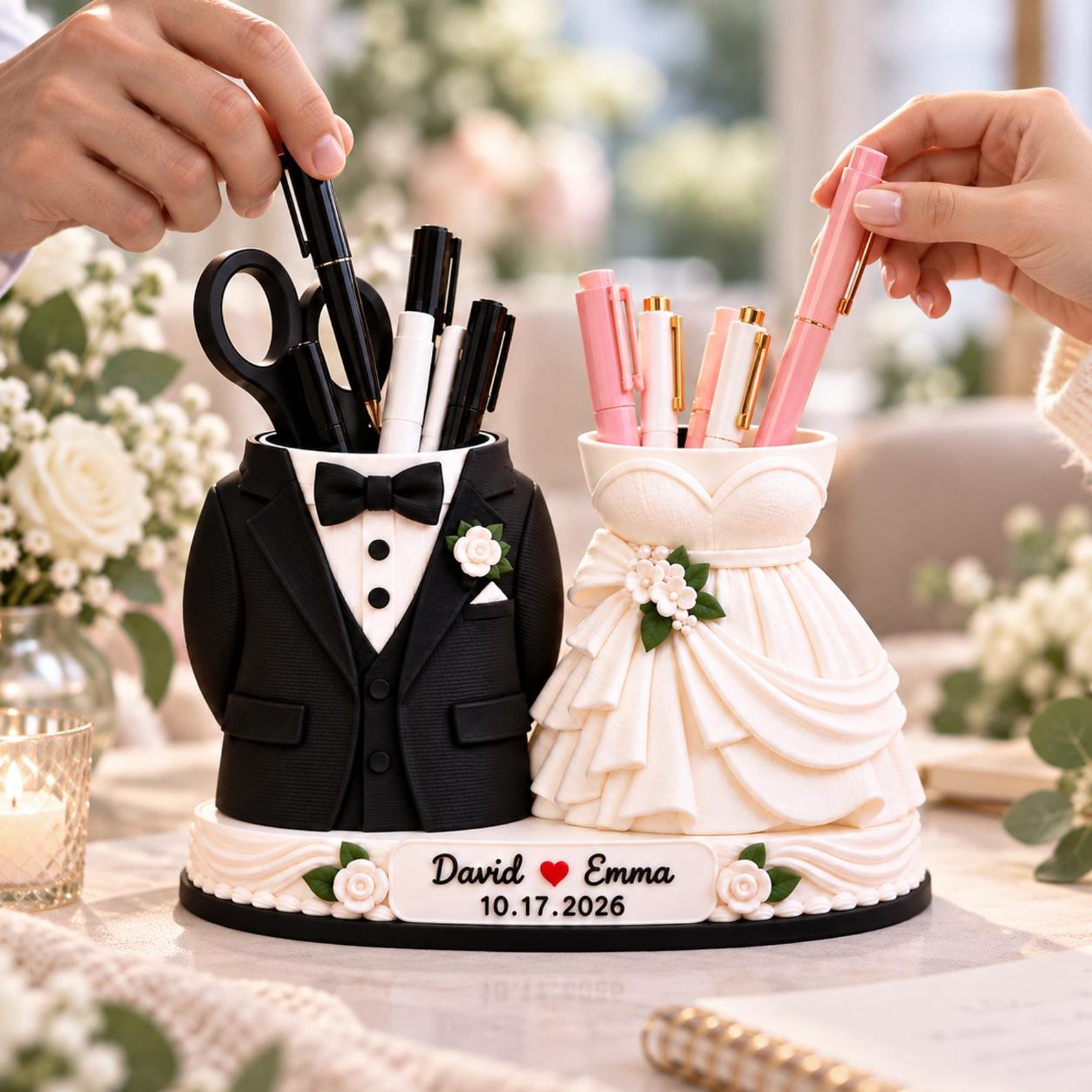 Personalized Wedding Dress Tuxedo Pen Holder 3D Printed, Custom Newlywed Couple Marriage Decor Engagement, Our First Christmas Together Gift