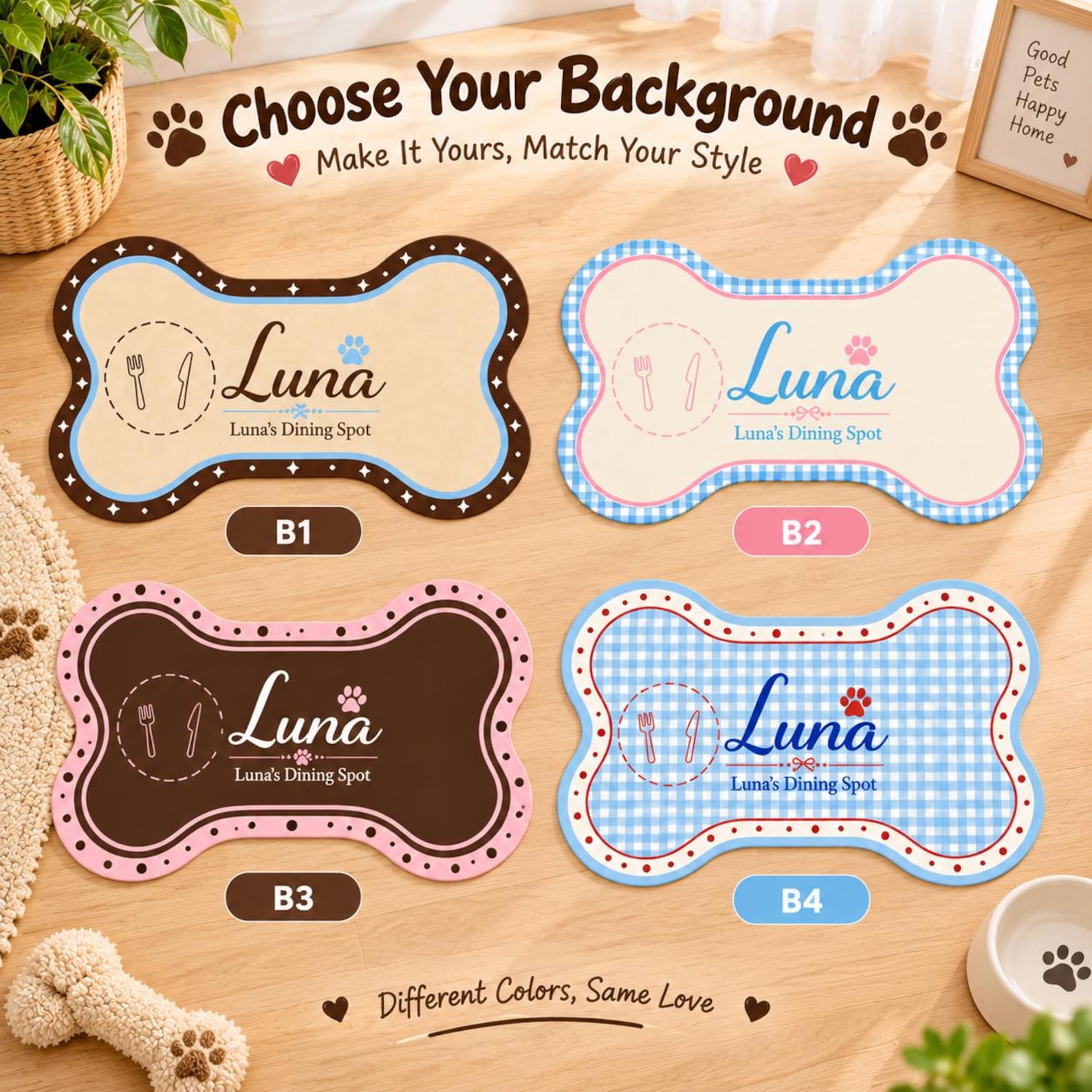 Personalized Pet Feeding Mat, Custom Pet Photo & Name Bone Shaped Dog Cat Bowl Mat, Cute Home Dining Decor, Gift for Pet Lovers