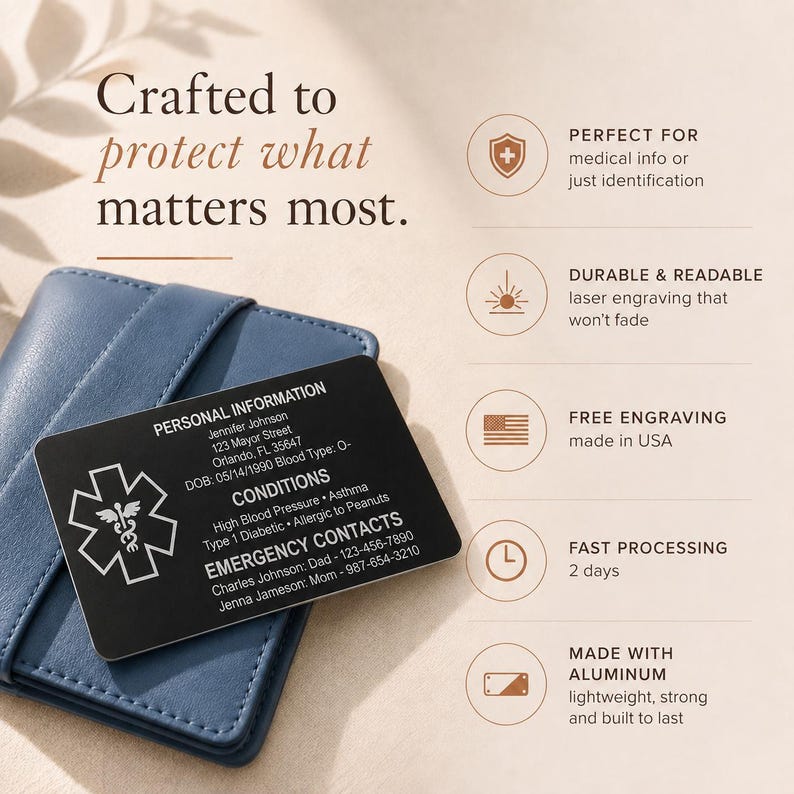 Personalized Medical Card & Keychain ID for Wallet, Aluminum Custom Engraved Emergency Contact, Personalized Metal Safety Alert for Medic Conditions
