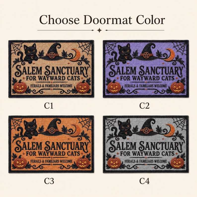 Personalized Witch Cat Welcome Mat, Salem Sanctuary Personalized Halloween Doormat, Custom Family Name Wayward Cats Sign, Cat Lover Porch Fall Decor