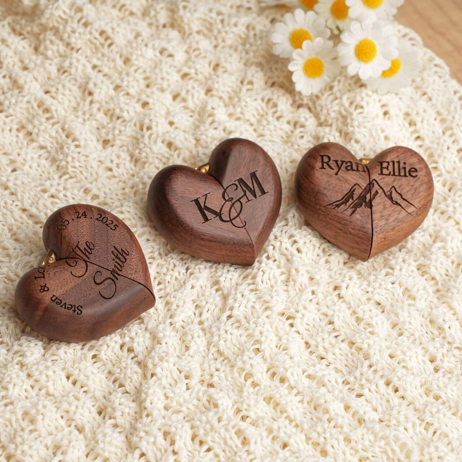 Personalized Custom Heart Shaped Wooden Ring Box, Personalized Walnut Ring Holder, Engagement & Wedding Ring Box, Anniversary Gift